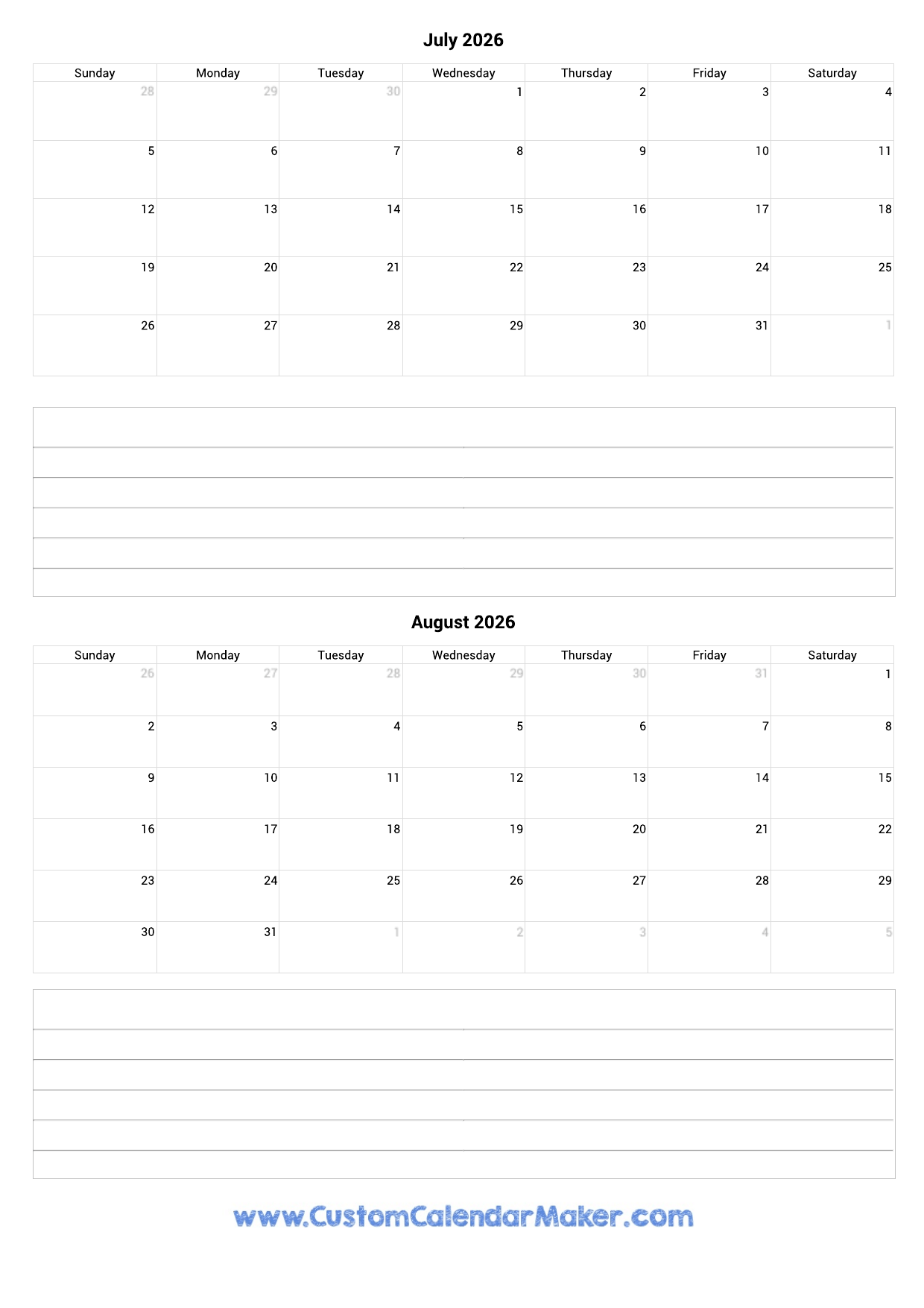 July And August 2026 Calendar Custom Calendar Maker