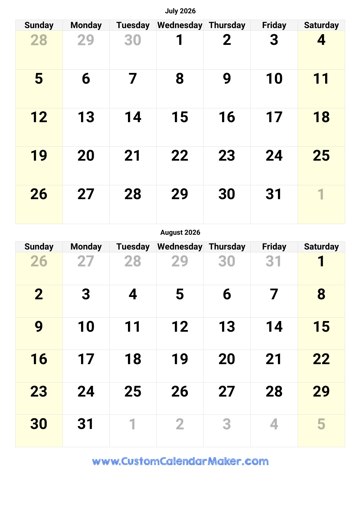 Blank July Calendar 2026 Template