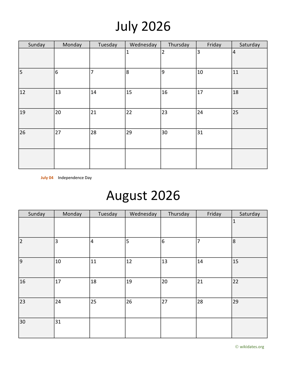 Blank July August Calendar Printable 2026