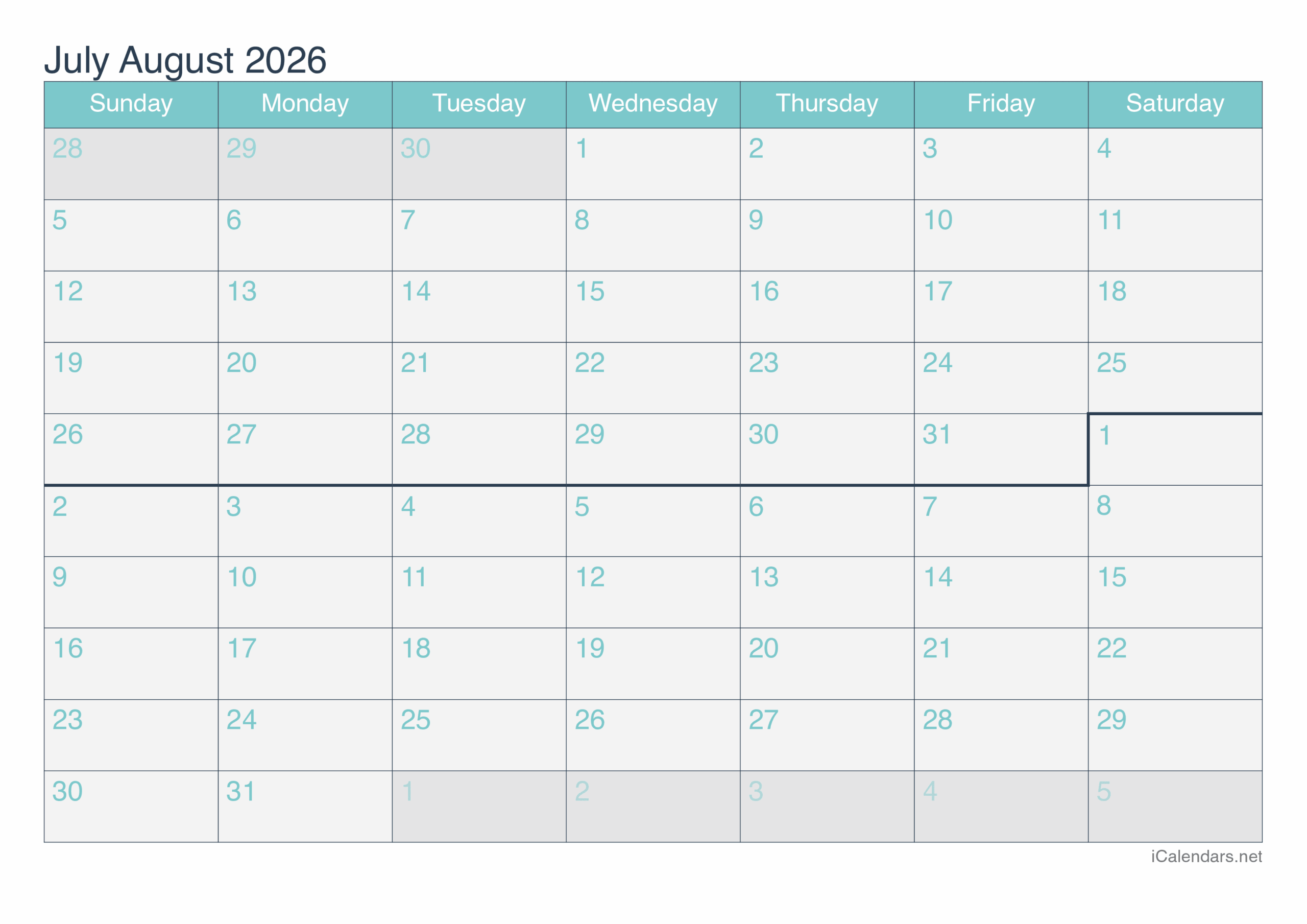 July And August 2026 Printable Calendar July And August 2026 Printable Calendar