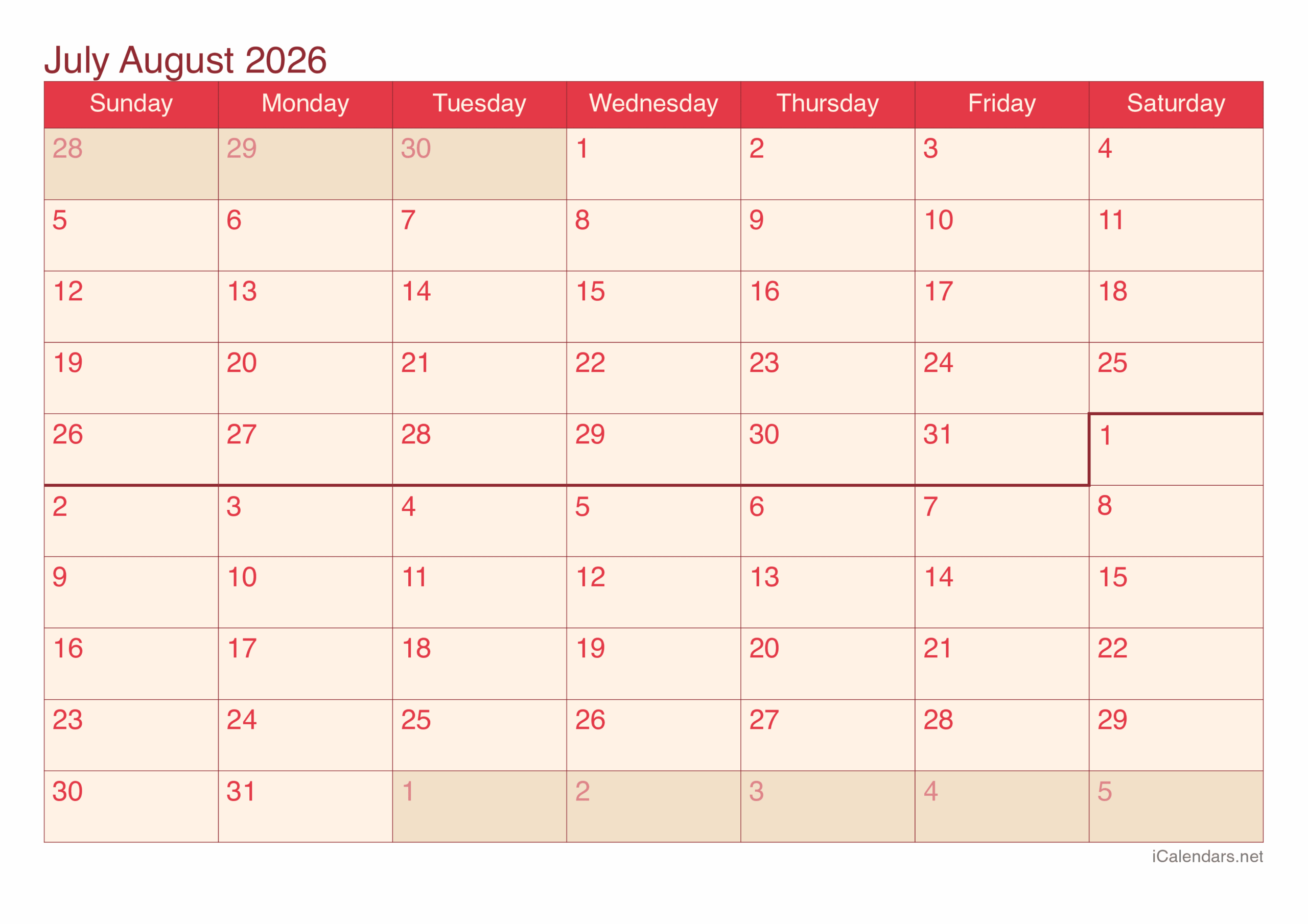 Printable Blank July And August 2026 Calendar