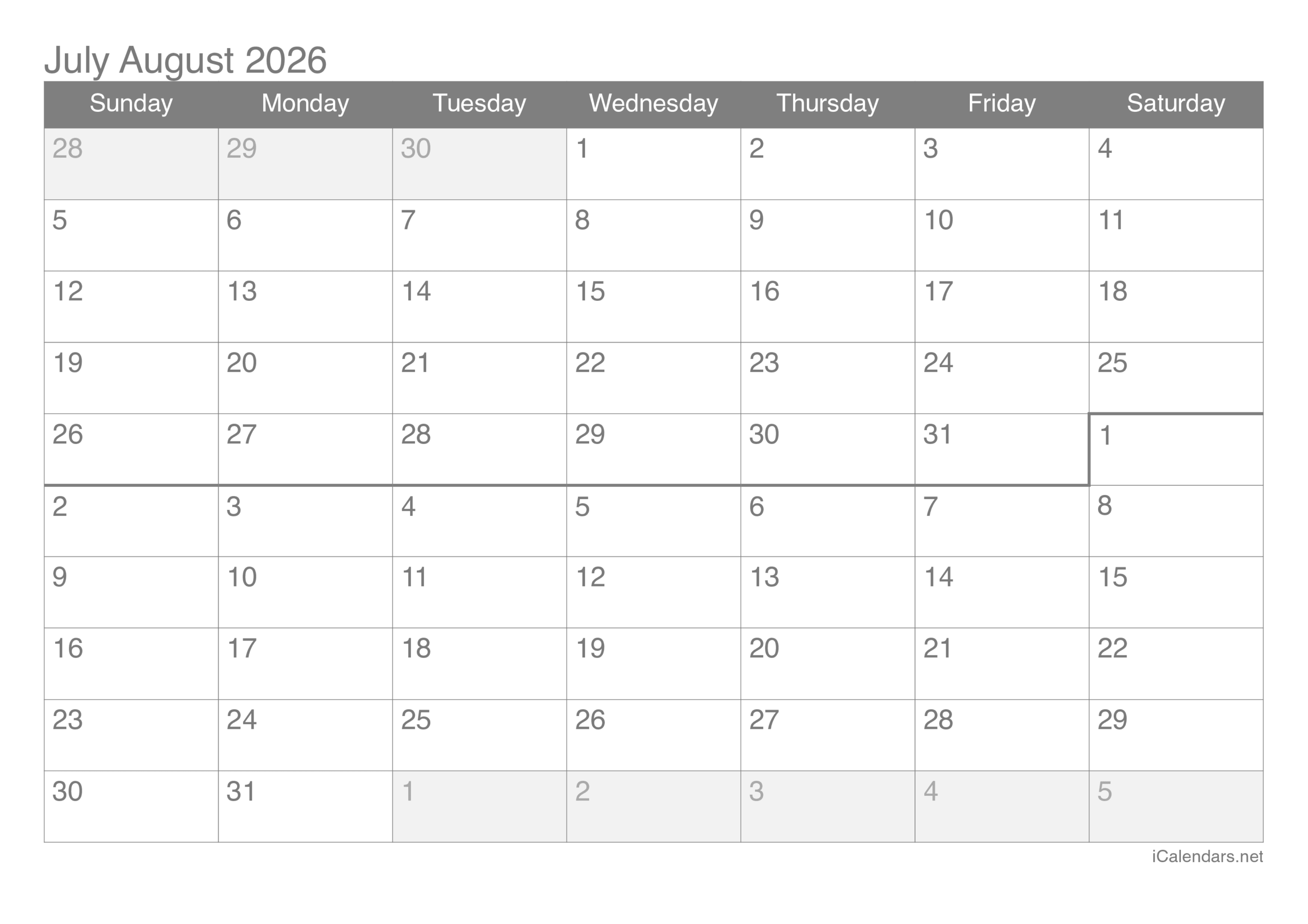 July And August 2026 Printable Calendar July And August 2026 Printable Calendar