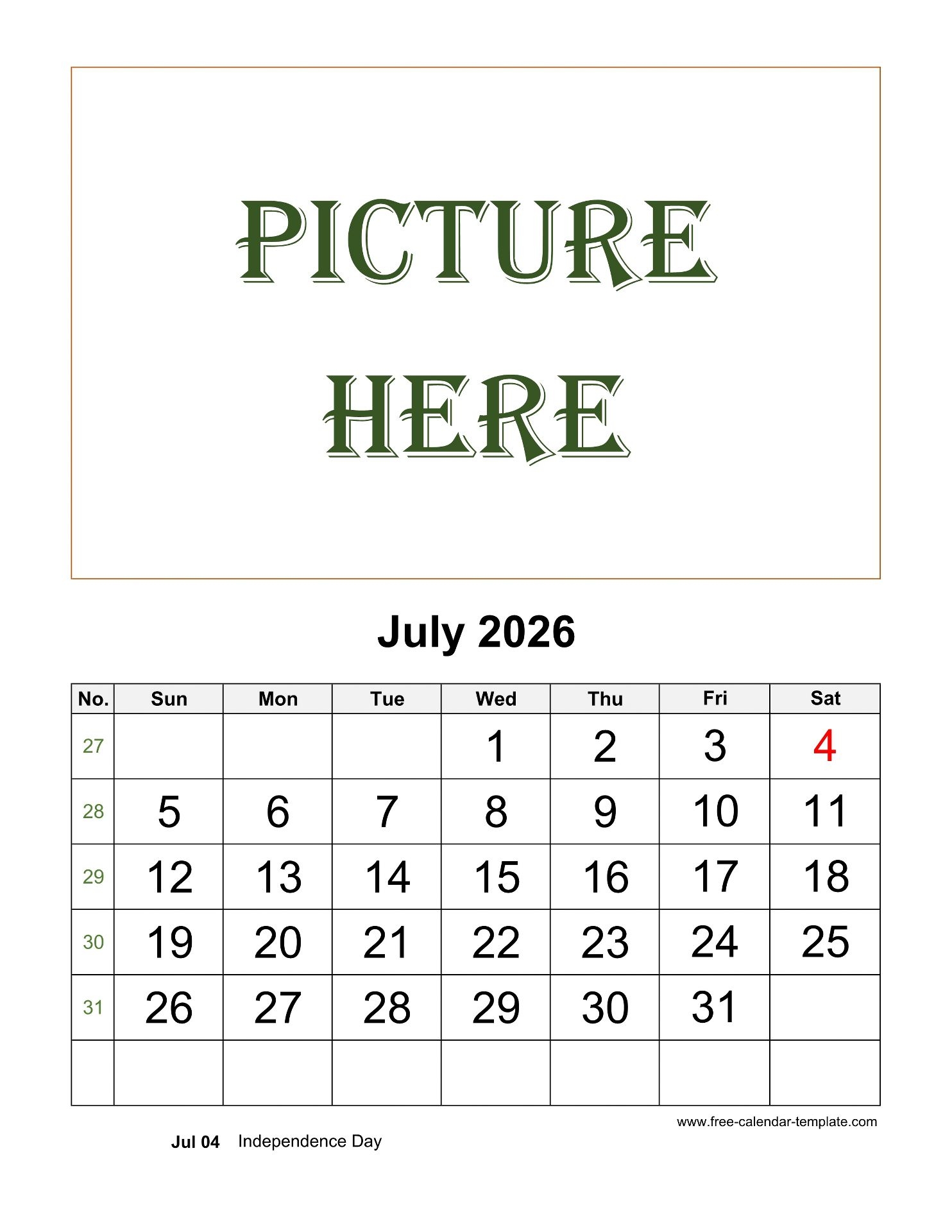 July Printable 2026 Calendar Space For Add Picture vertical Free Calendar template July Printable 2026 Calendar Space For Add Picture vertical Free Calendar template