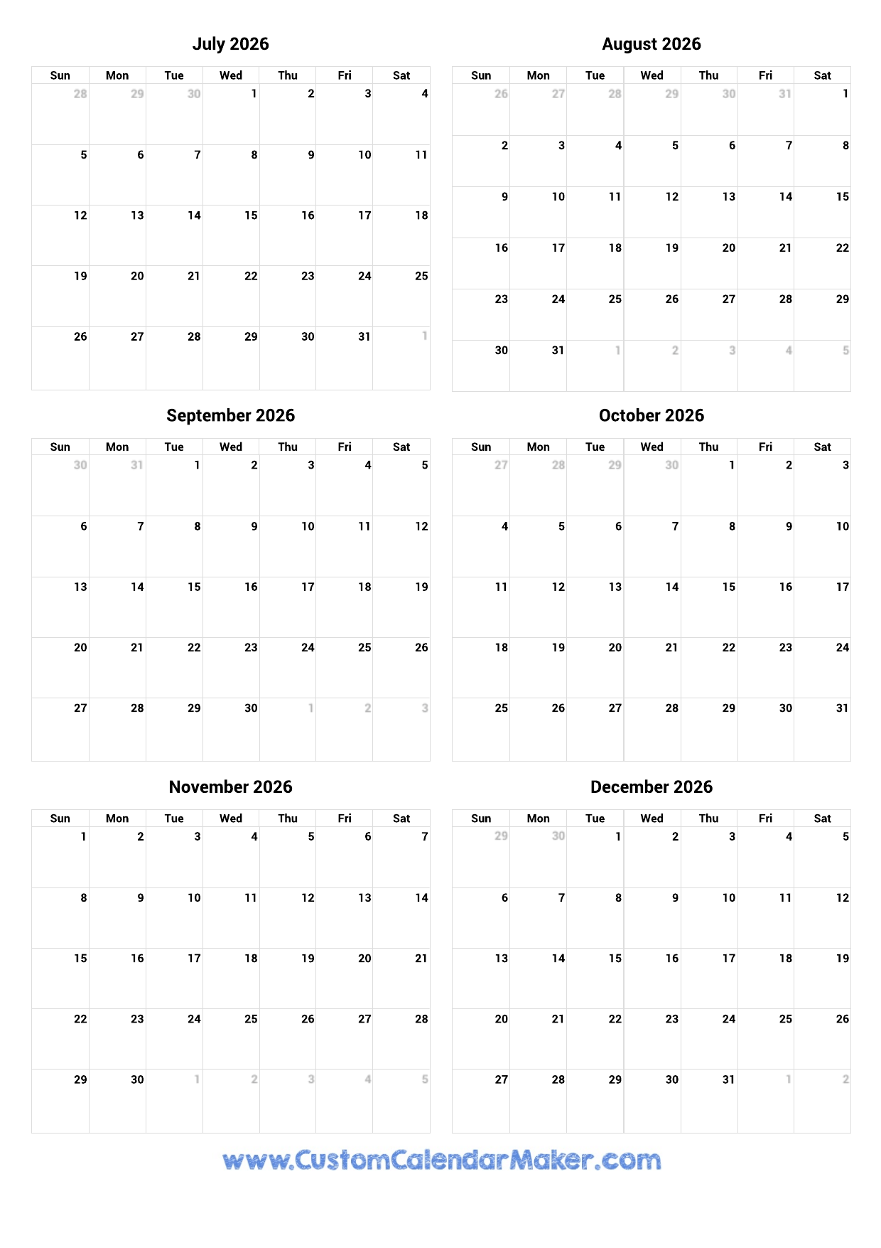 July To December 2026 Printable Calendar Custom Calendar Maker July To December 2026 Printable Calendar Custom Calendar Maker