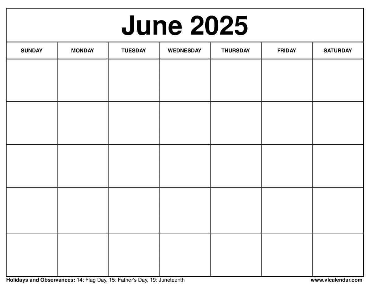 Blank Summer 2025 Calendar Printable