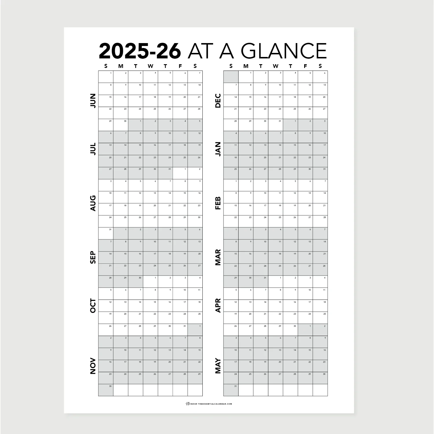 June 2025 May 2026 At A Glance Sunday start The Essential Calendar
