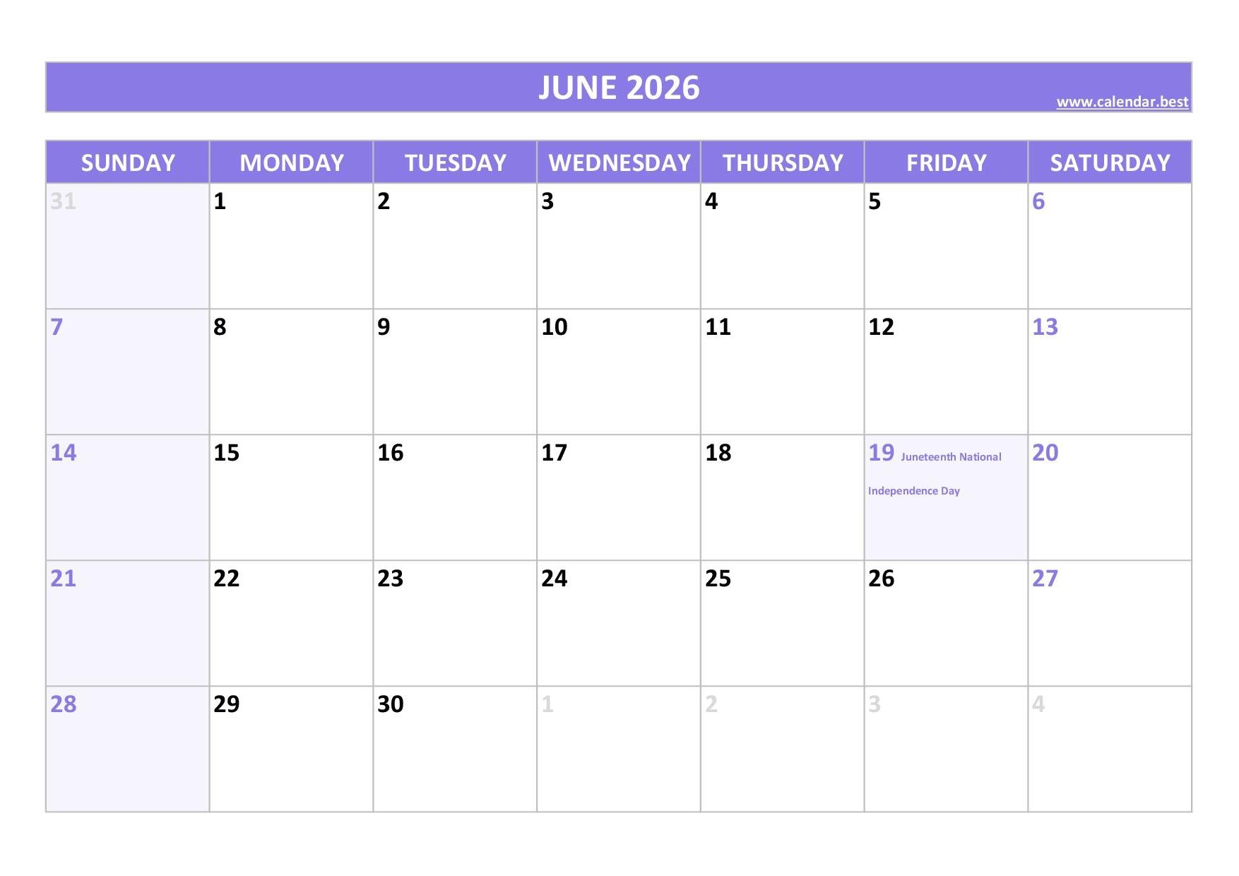 June 2026 Printable Calendar