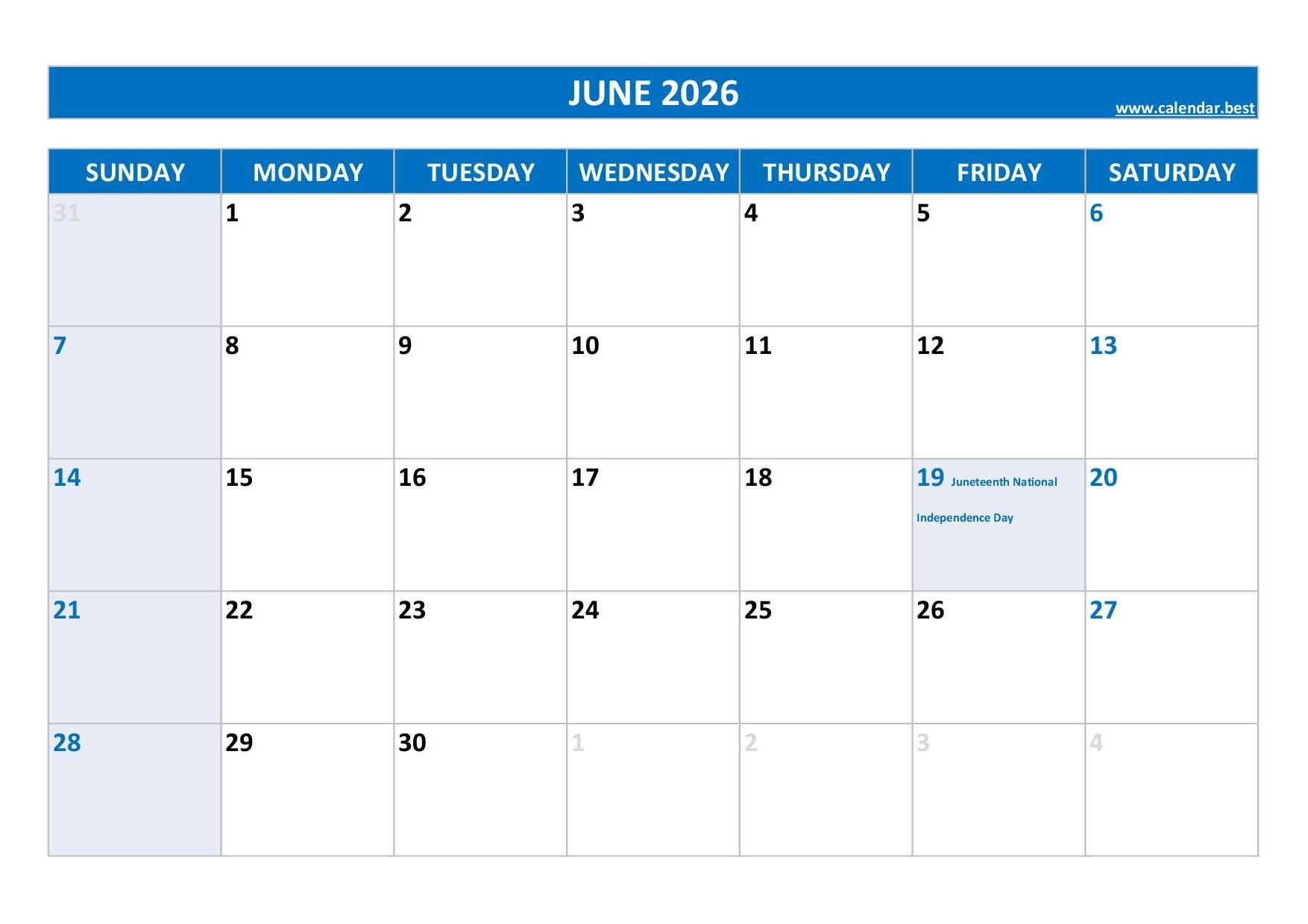Blank Calendar June 2026 Printable Pdf