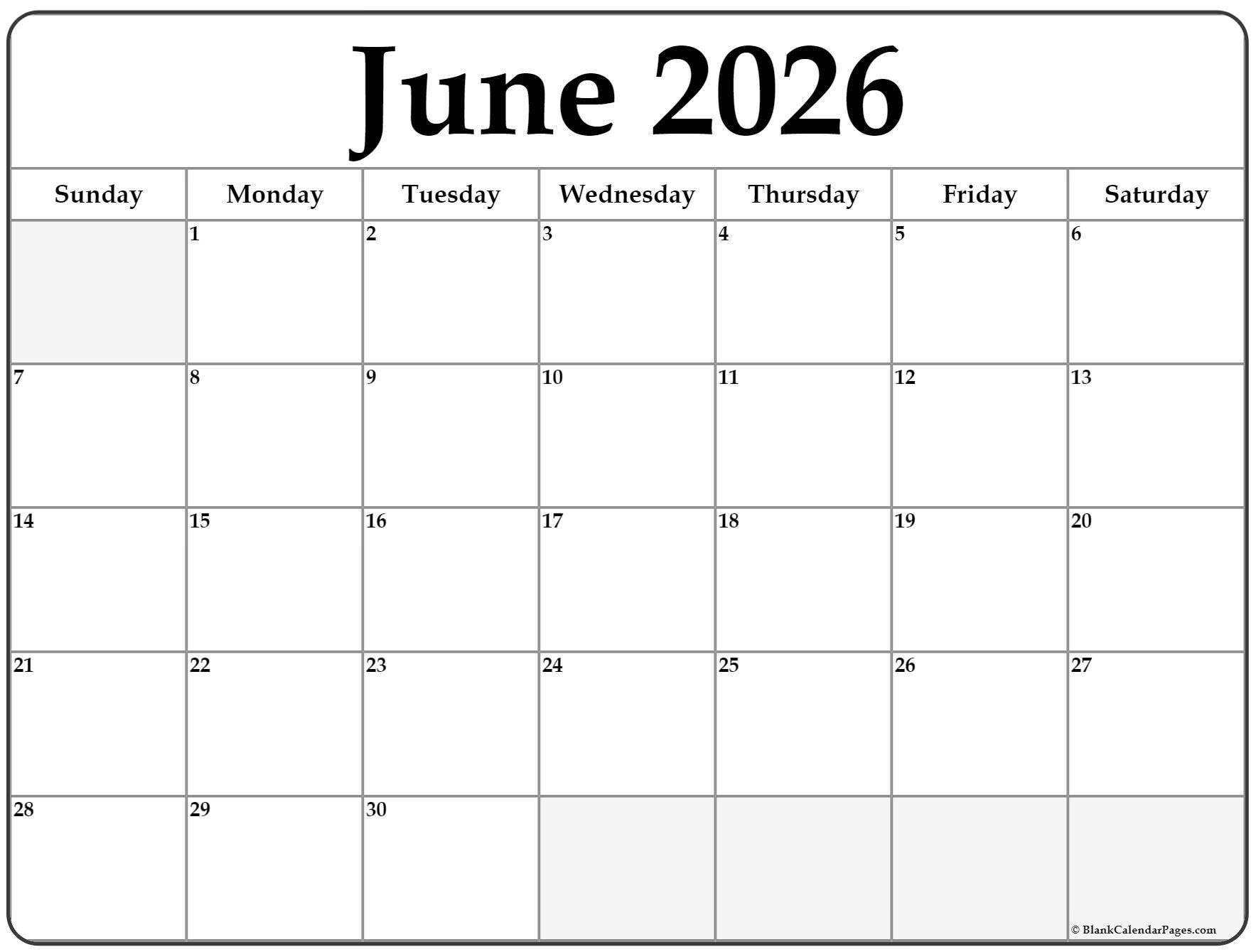 June 2026 Calendar Blank Free