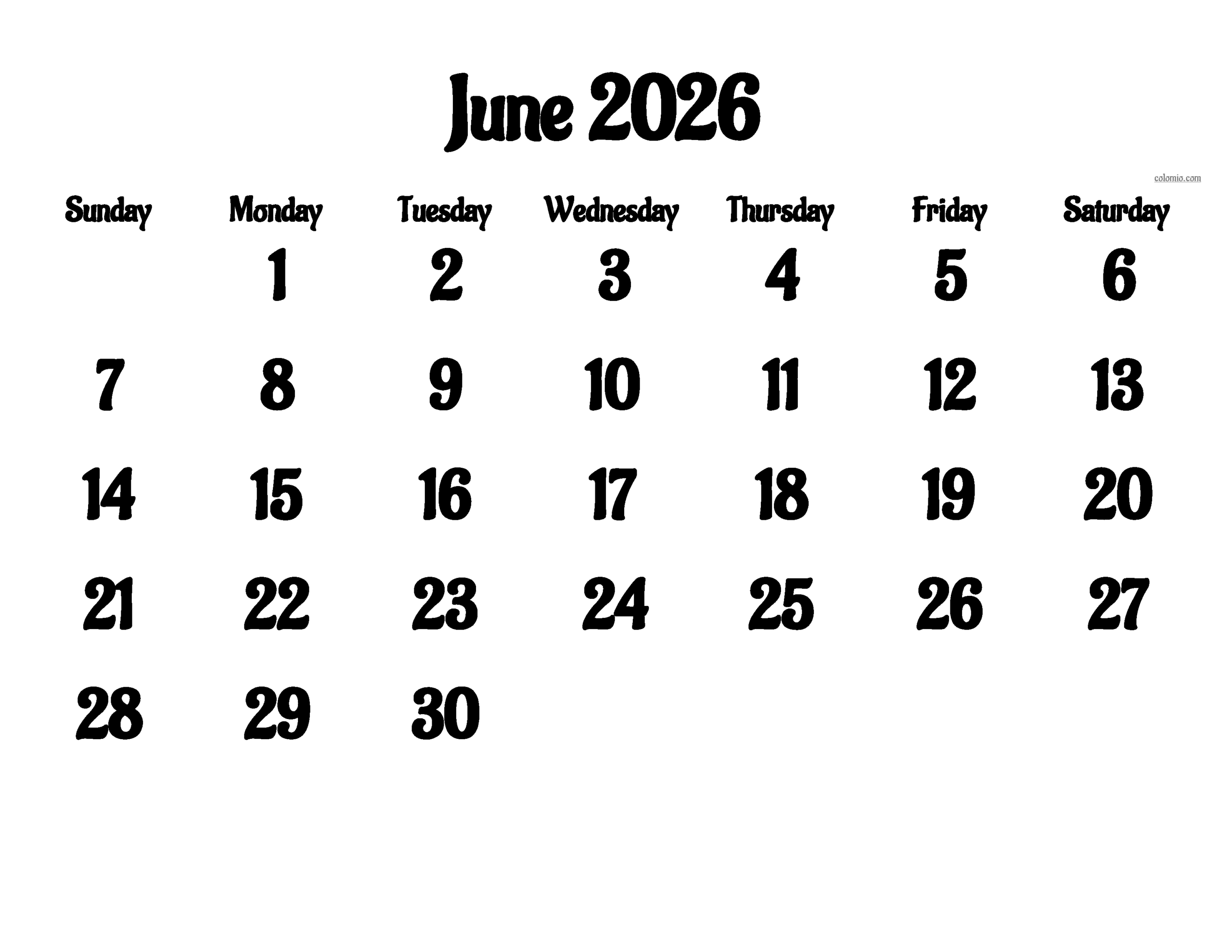 June Blank Calendar 2026 Download