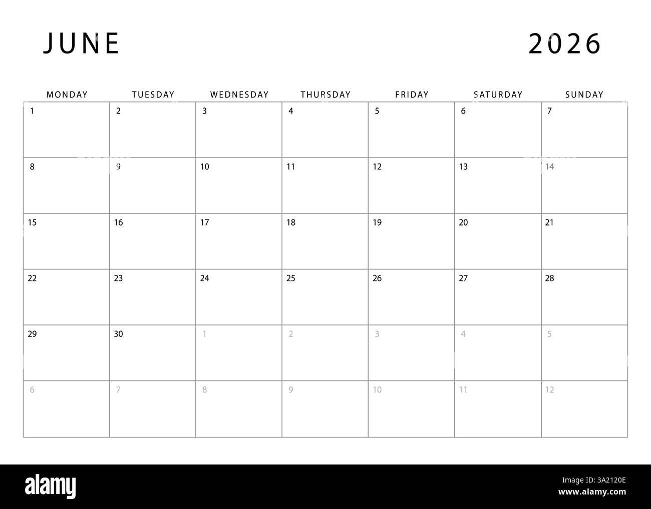 June 2026 Calendar Monthly Planner Template Monday Start Vector Design Stock Vector Image Art Alamy