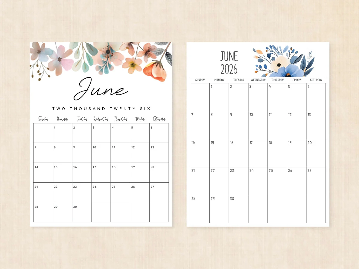 June 2026 Calendar Printable PDF Templates