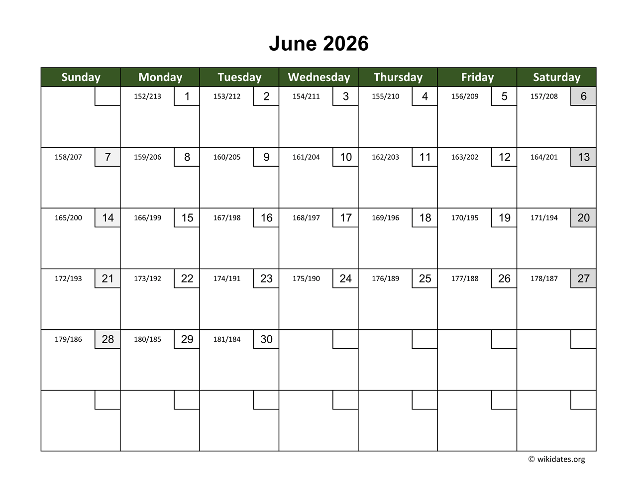June 2026 Calendar With Day Numbers WikiDates June 2026 Calendar With Day Numbers WikiDates