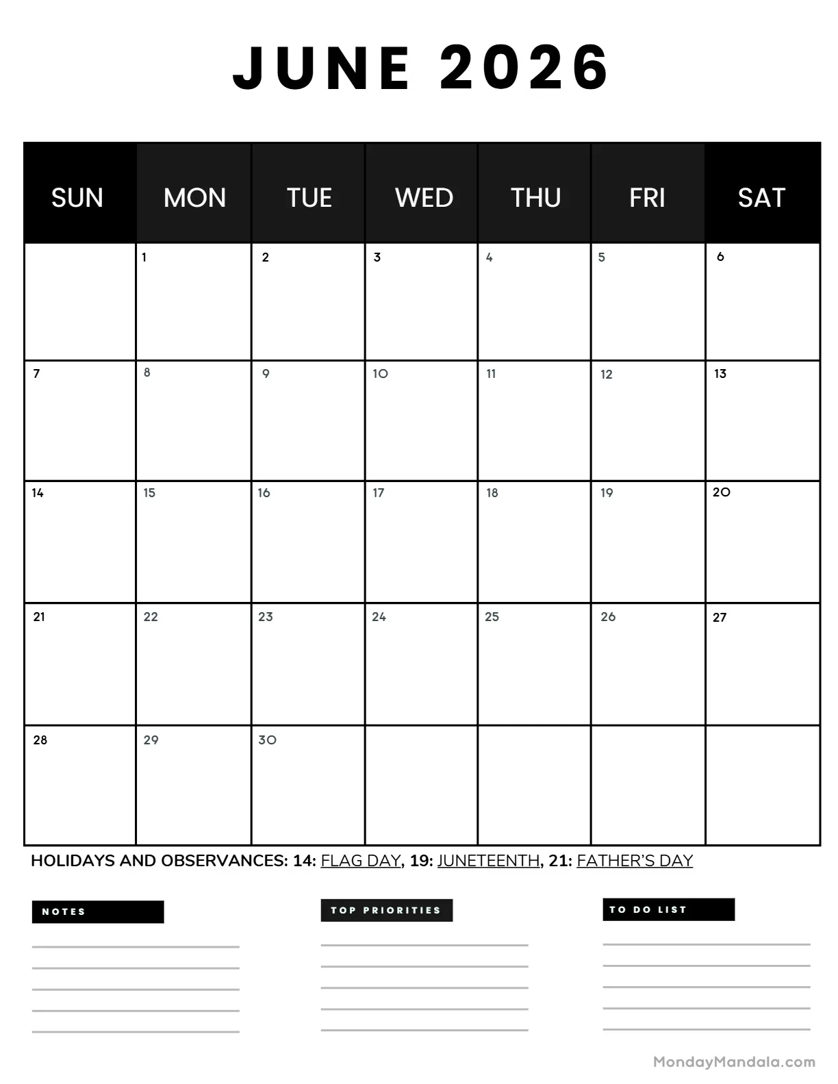 June 2026 Calendar Black And White June 2026 Calendar Black And White