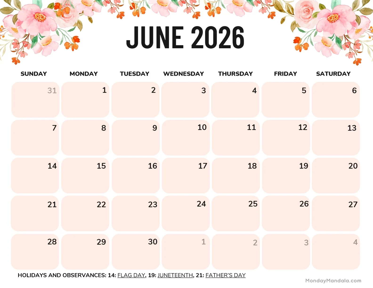 Printable Calendar June 2026