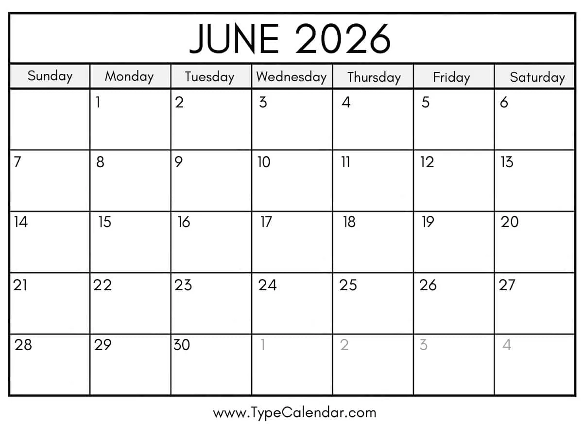 Blank Calendar For June 2026 Template Blank Calendar For June 2026 Template