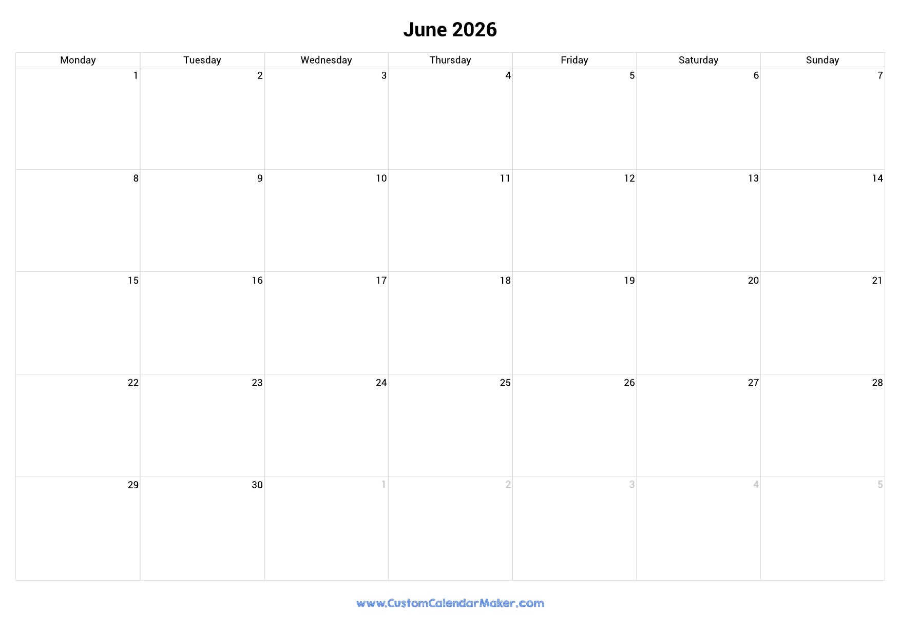 June 2026 Monday Start Calendar Monday To Sunday Custom Calendar Maker June 2026 Monday Start Calendar Monday To Sunday Custom Calendar Maker