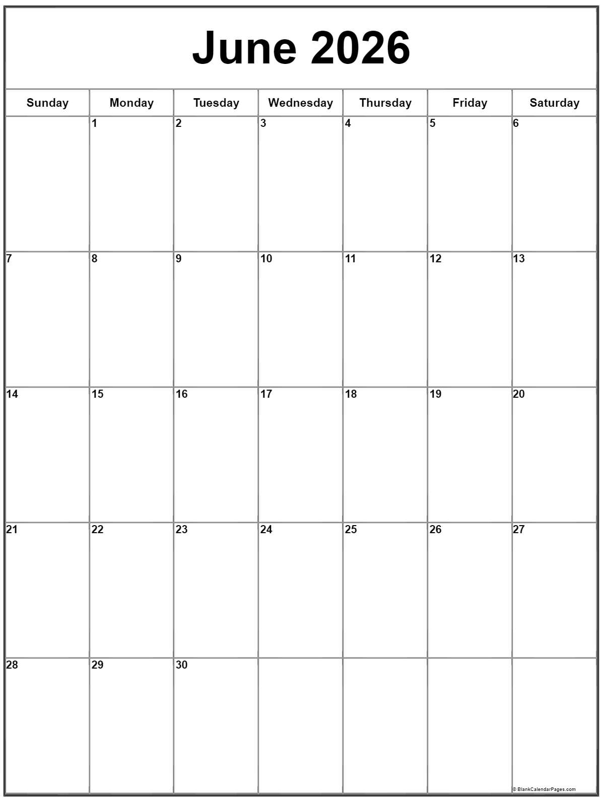 June 2026 Vertical Calendar Portrait June 2026 Vertical Calendar Portrait