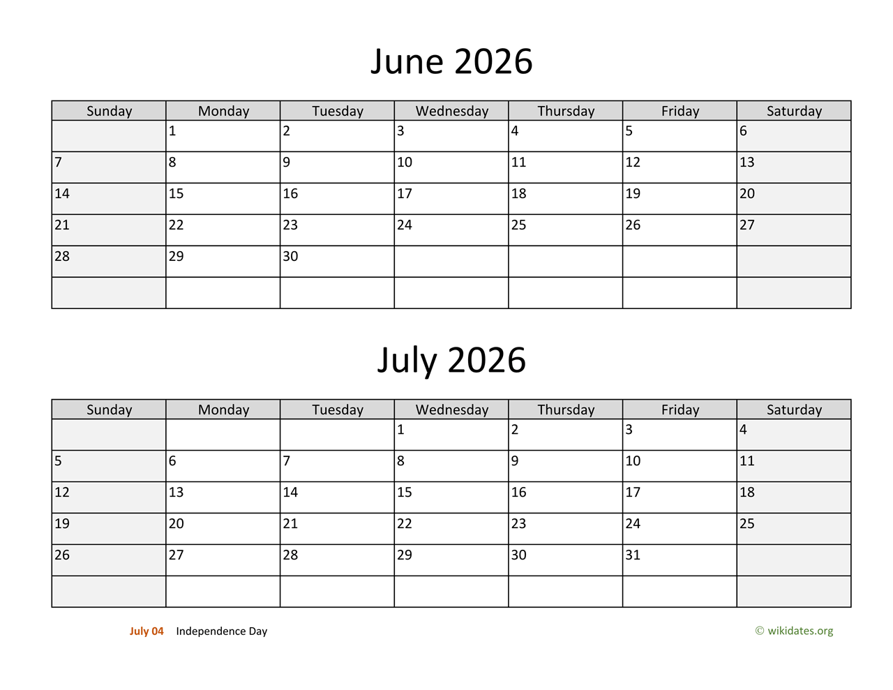 June And July 2026 Calendar WikiDates June And July 2026 Calendar WikiDates