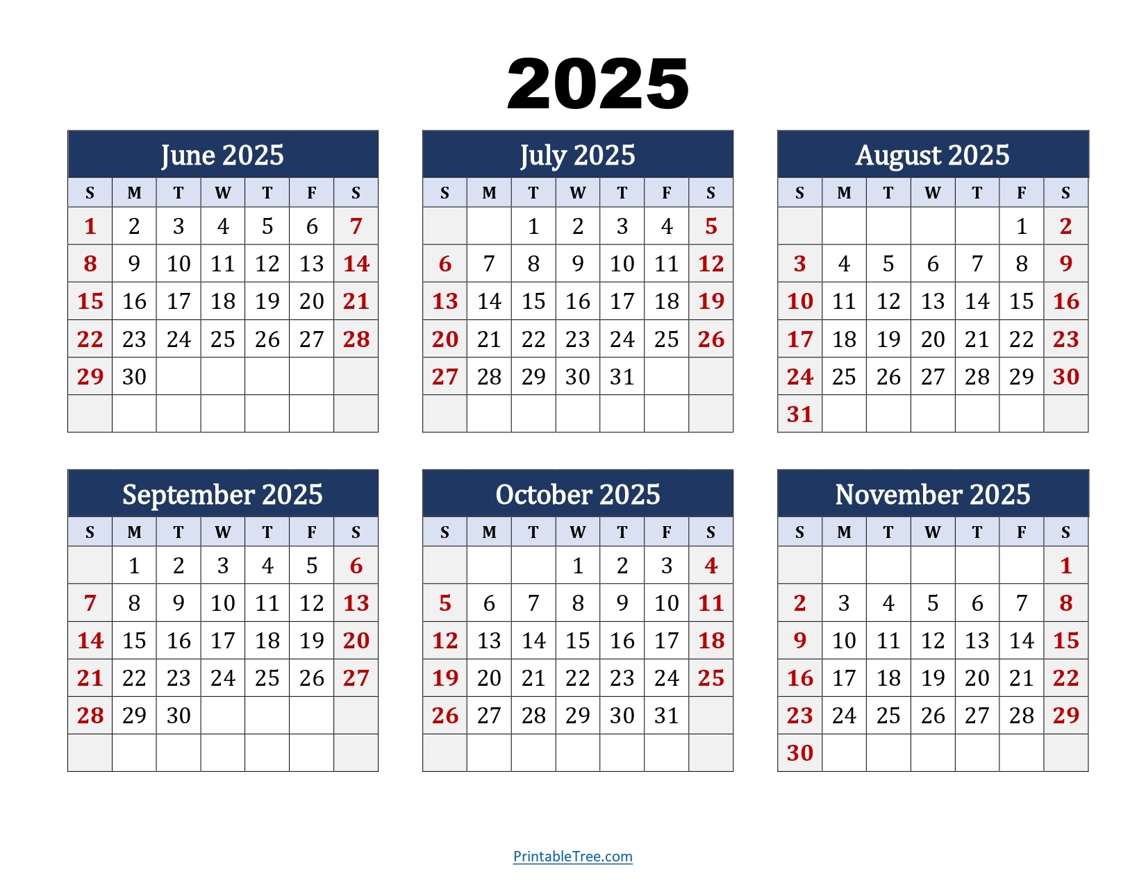 June To November 2025 Calendar Printable PDF Six Months Calendar June To November 2025 Calendar Printable PDF Six Months Calendar
