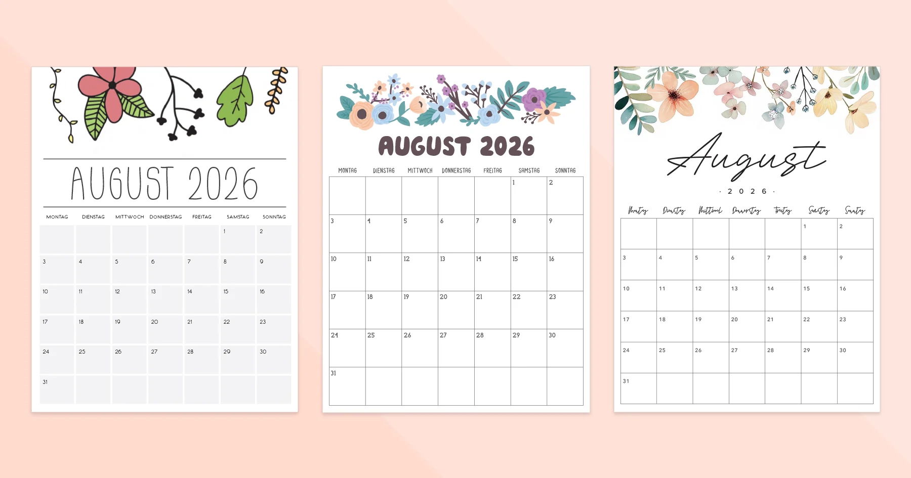 Kalender August 2026 Zum Ausdrucken PDF Vorlage