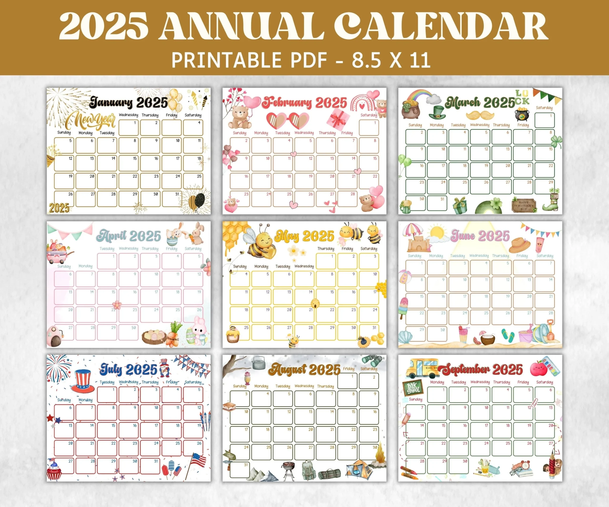 Kids Annual Monthly 2025 Calendar Printable 2025 Calendar Homeschool Preschool Calendar Board Children Monthly Planner Seasonal Calendar The Hustling Cat Lady