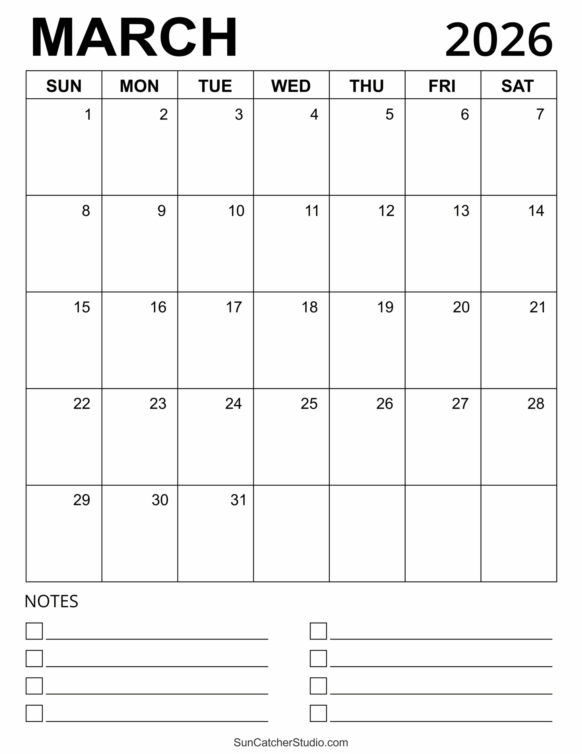 Blank March Calendar 2026