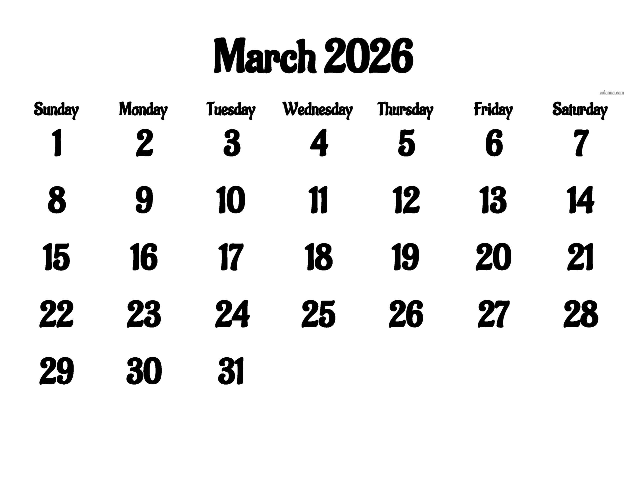 March 2026 Calendar Free Printable PDF XLS And PNG March 2026 Calendar Free Printable PDF XLS And PNG