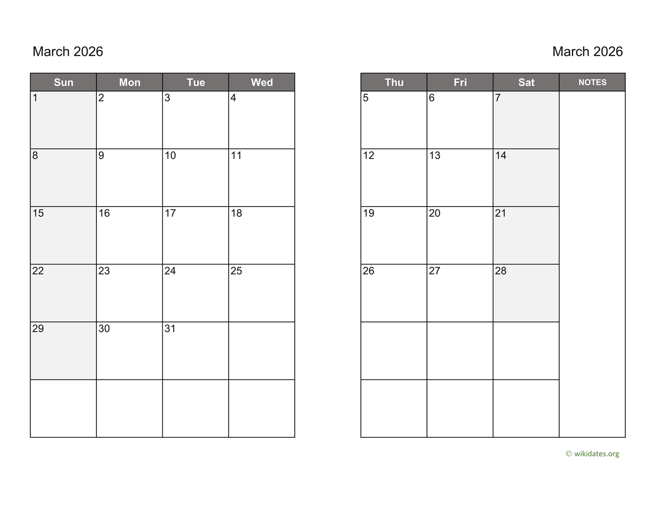 March 2026 Calendar On Two Pages WikiDates March 2026 Calendar On Two Pages WikiDates