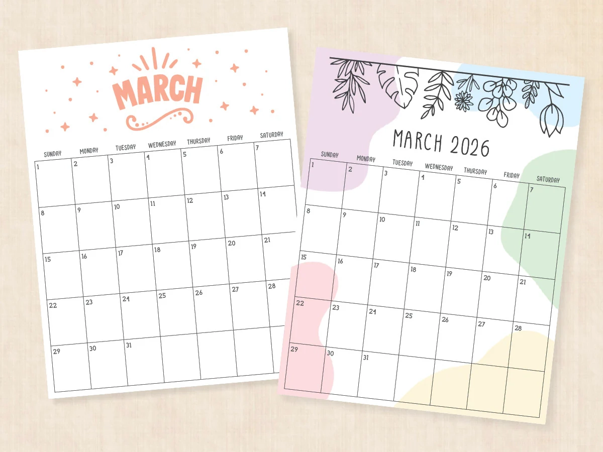 March 2026 Calendar Printable PDF Templates