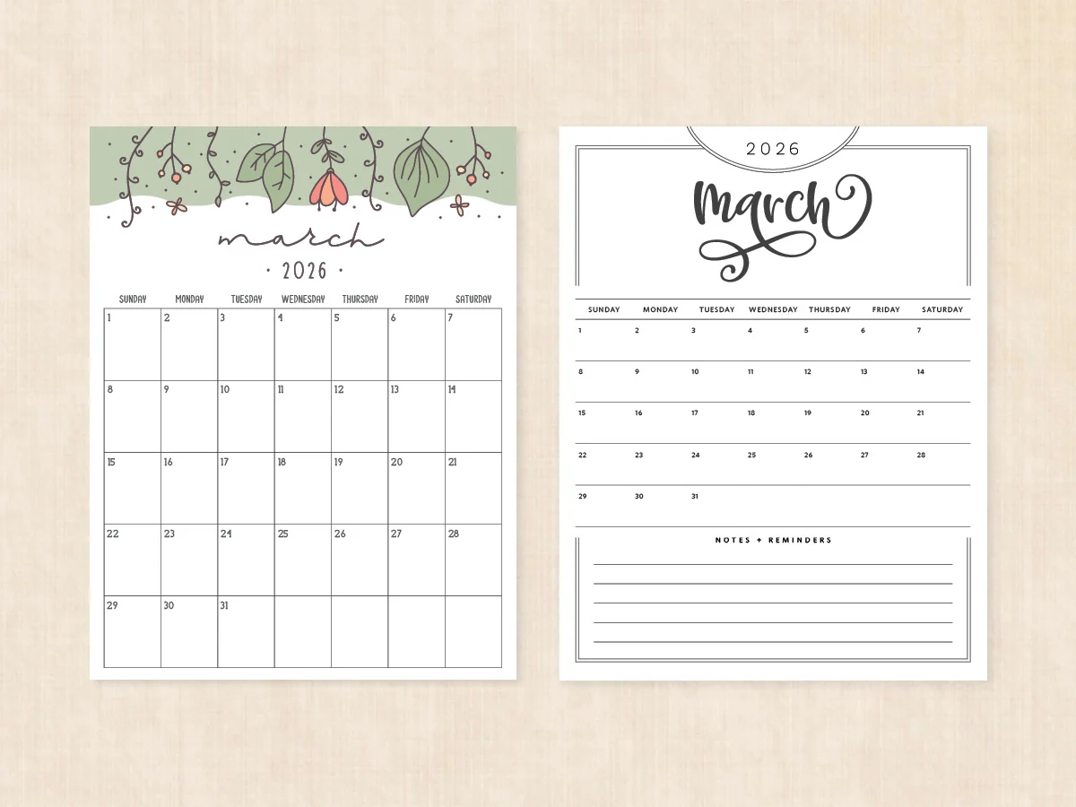 March 2026 Calendar Printable PDF Templates