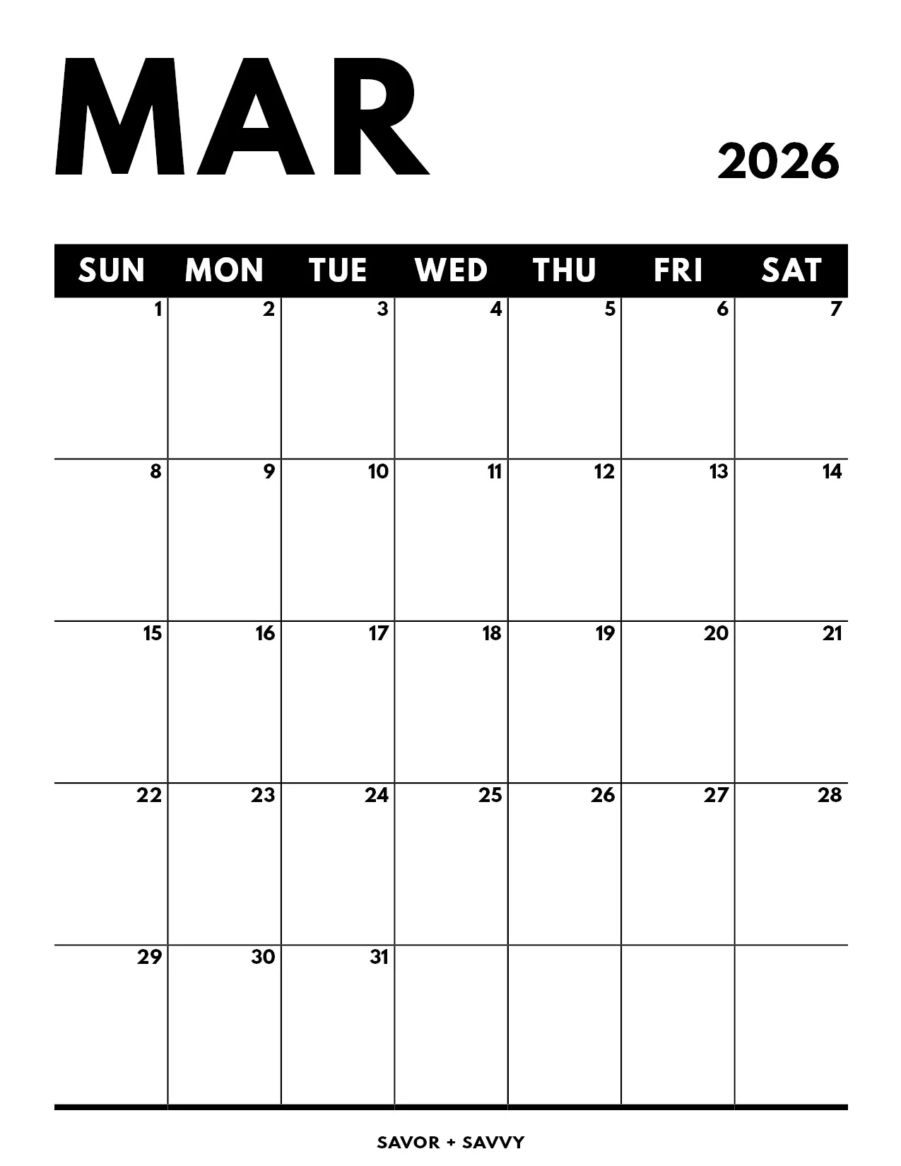 Free Blank March Calendar 2026