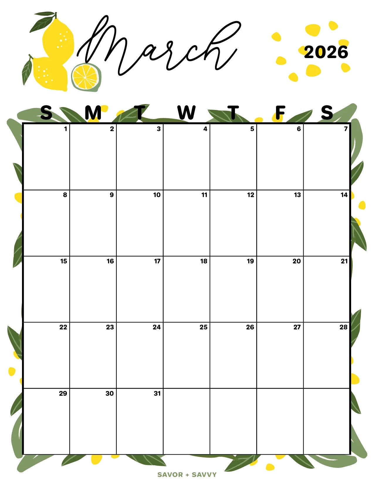 March 2026 Calendar Templates 14 Free Printables Savor Savvy