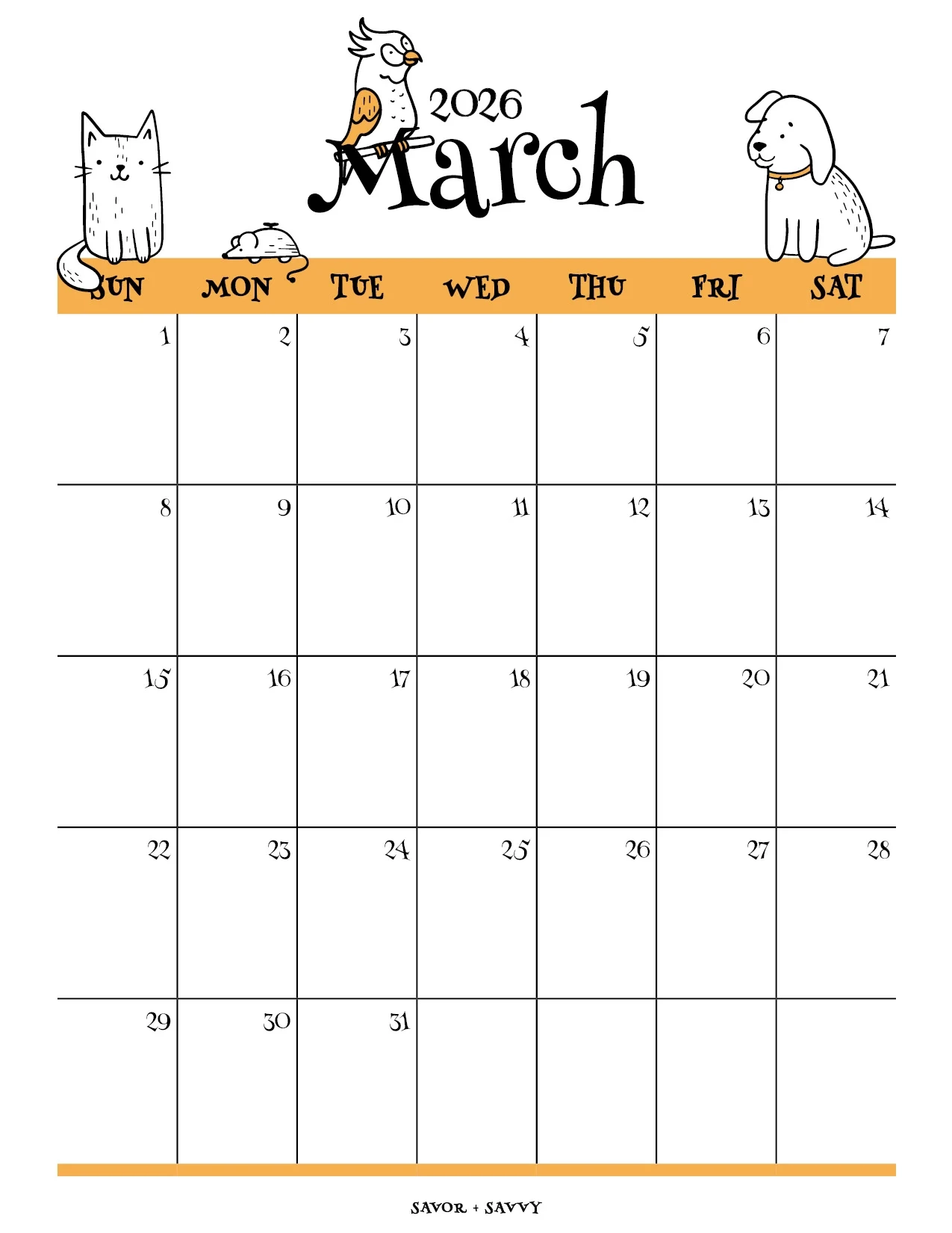 Free Printable March 2026 Calendar
