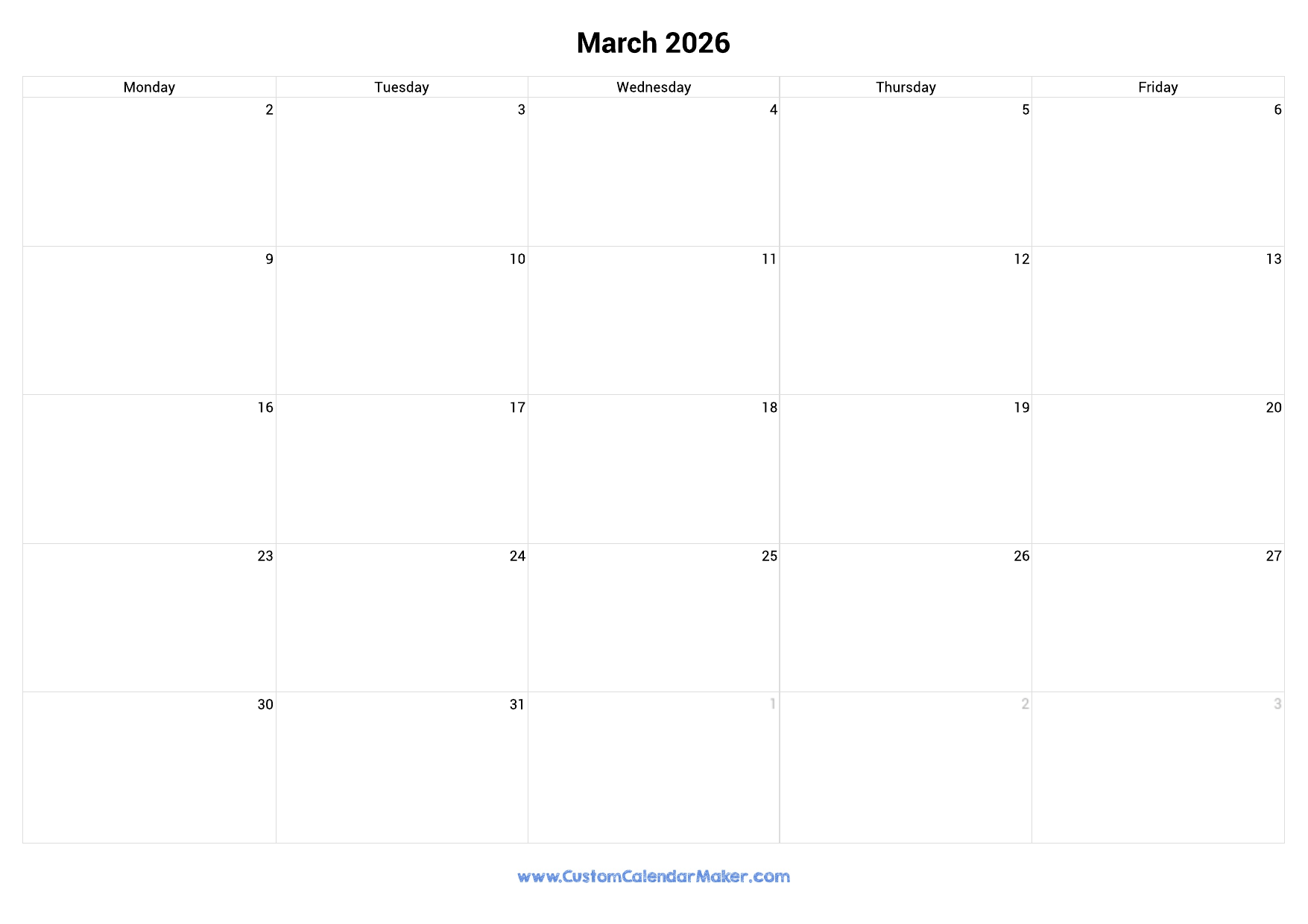 March 2026 Calendar Weekdays Only Monday To Friday Custom Calendar Maker