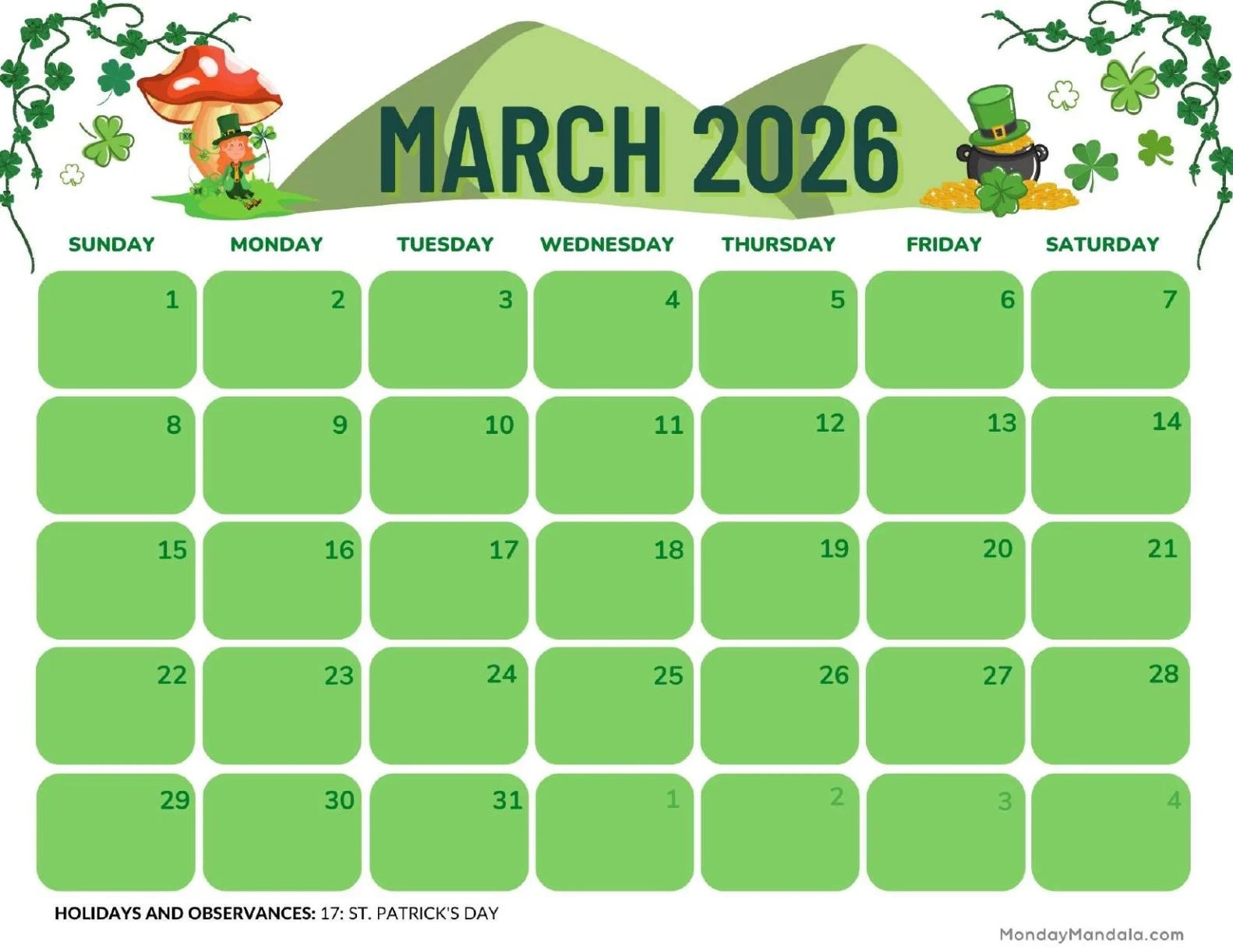 march 2026 calendars free pdf printables
