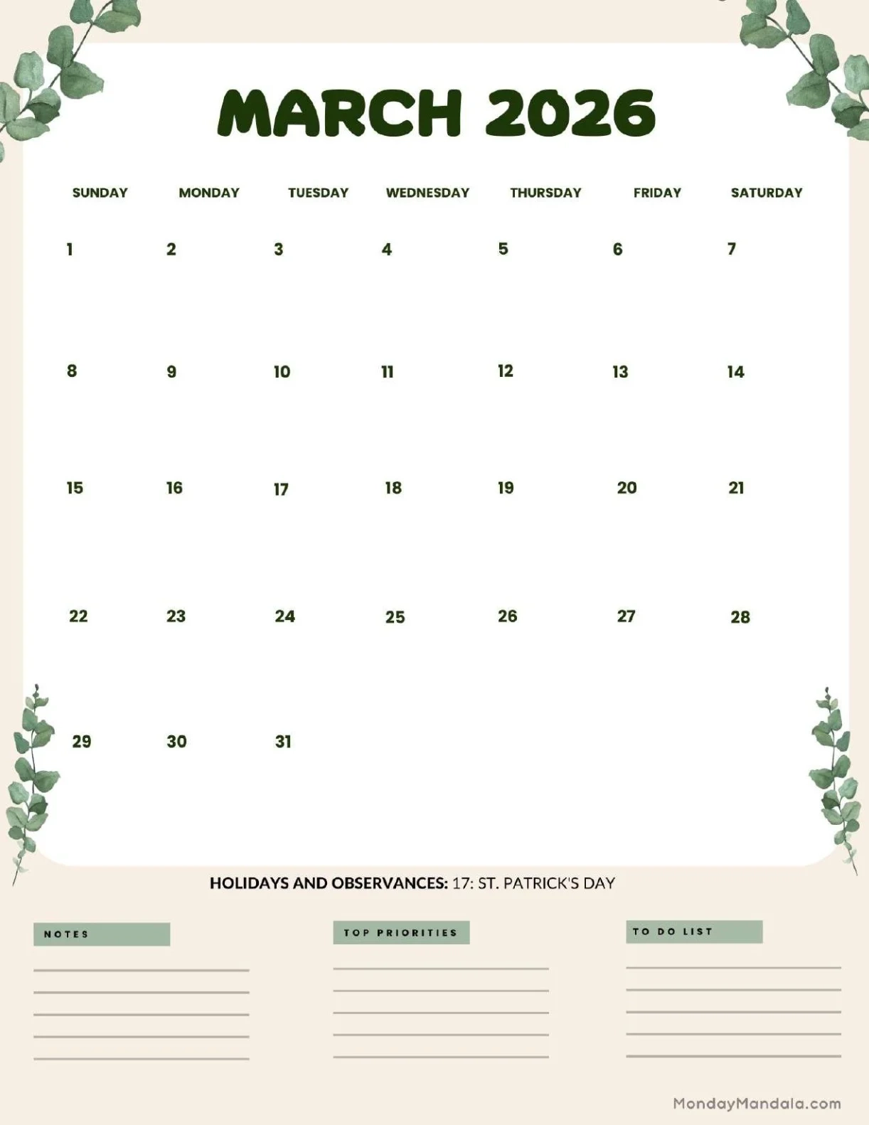 March 2026 Calendars Free PDF Printables 