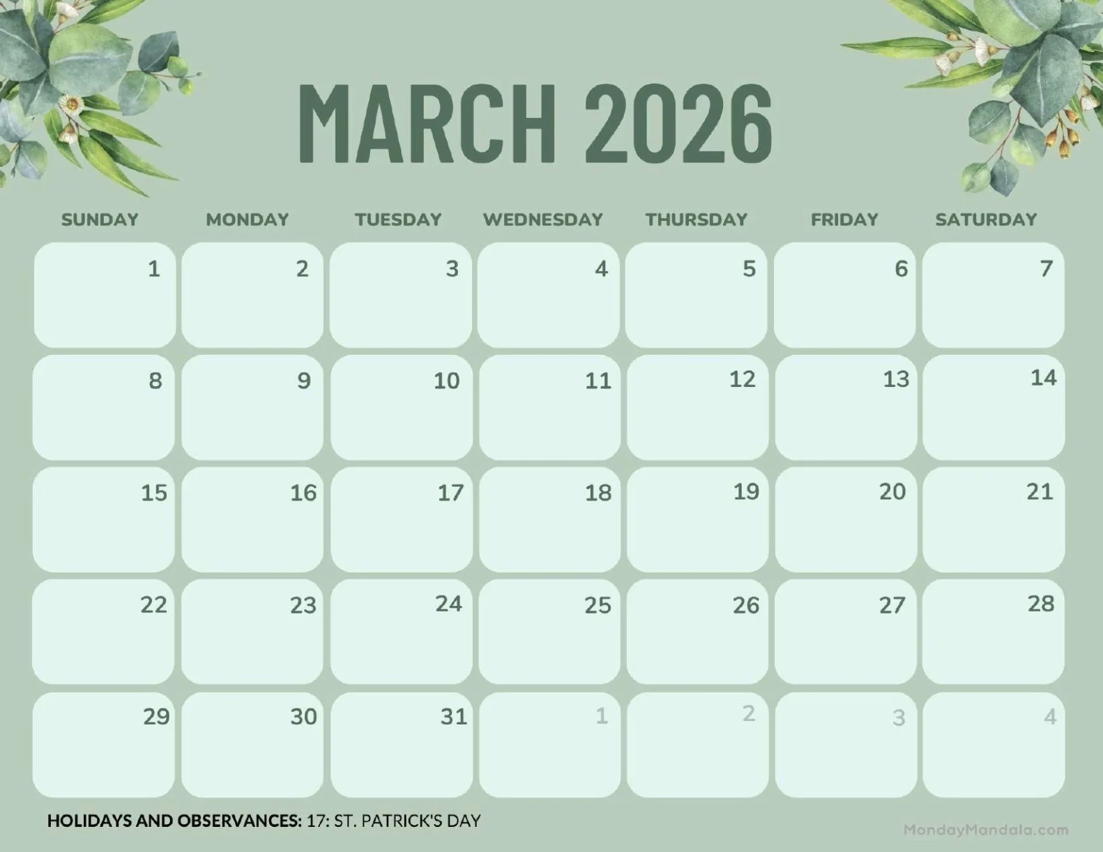 March Blank Calendar 2026 Printable Free March Blank Calendar 2026 Printable Free