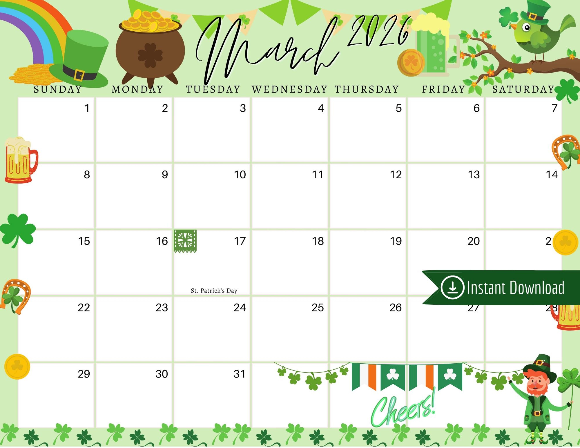 March 2026 Digital Calendar light Green St Patrick s Day Planner Editable Fillable Printable Calendar For Planning pdf PNG And JPG Download Etsy