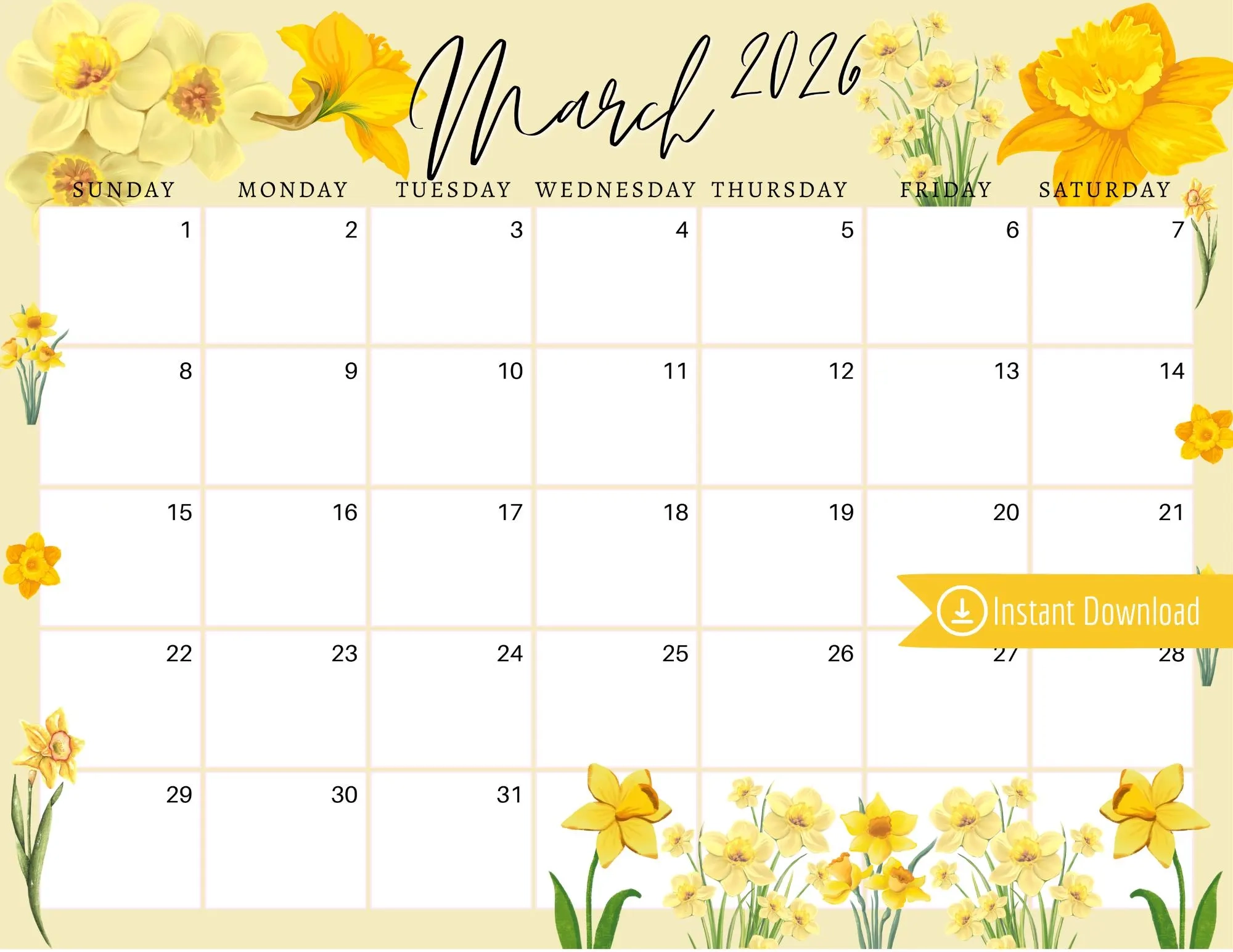 March 2026 Digital Calendar Yellow Daffodils Planner Editable Fillable Printable Calendar For Planning PDF PNG And JPG Download Etsy March 2026 Digital Calendar Yellow Daffodils Planner Editable Fillable Printable Calendar For Planning PDF PNG And JPG Download Etsy