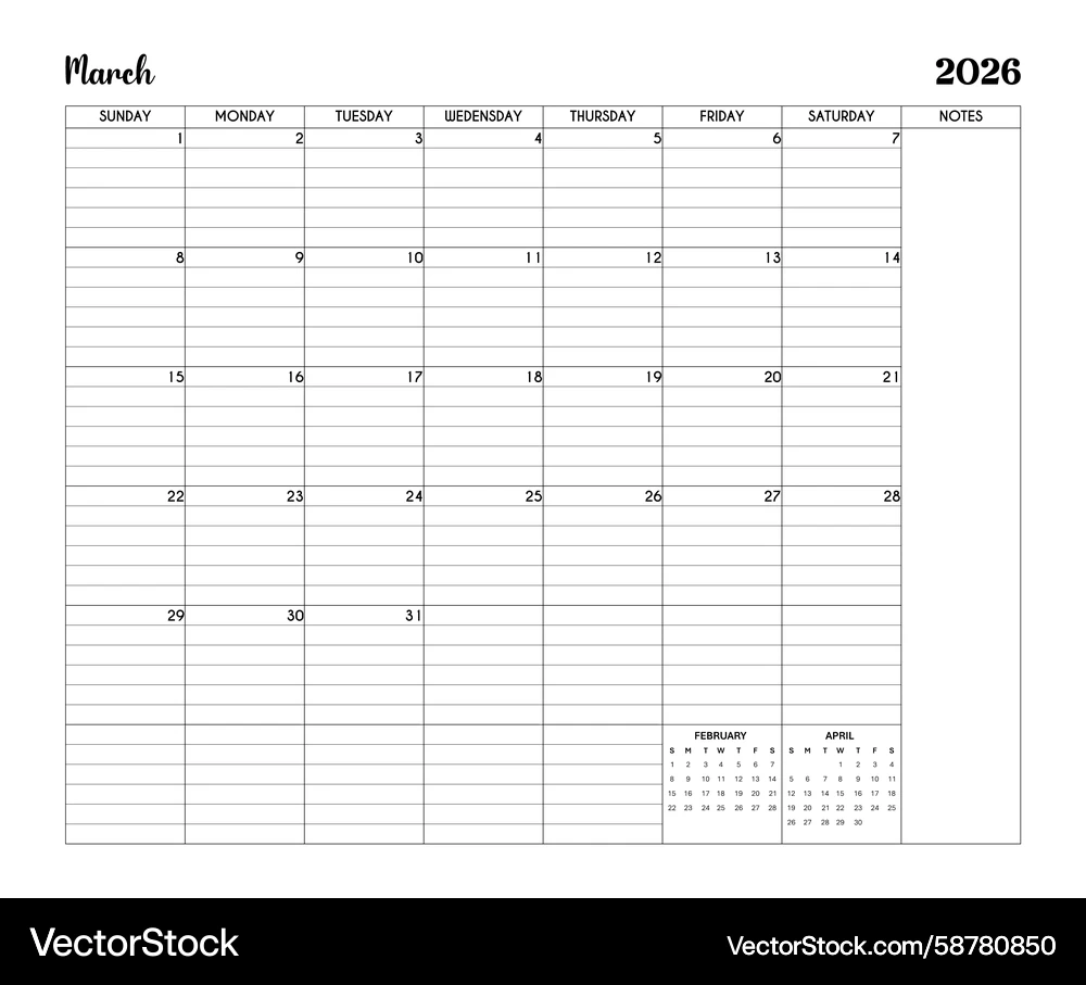 March 2026 Minimalist Printable Calendar Page Vector Image