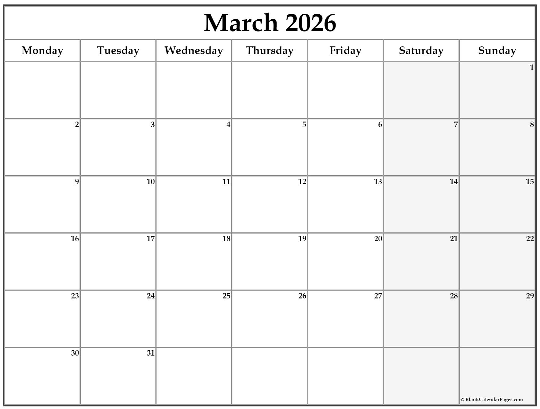 March 2026 Monday Calendar Monday To Sunday March 2026 Monday Calendar Monday To Sunday