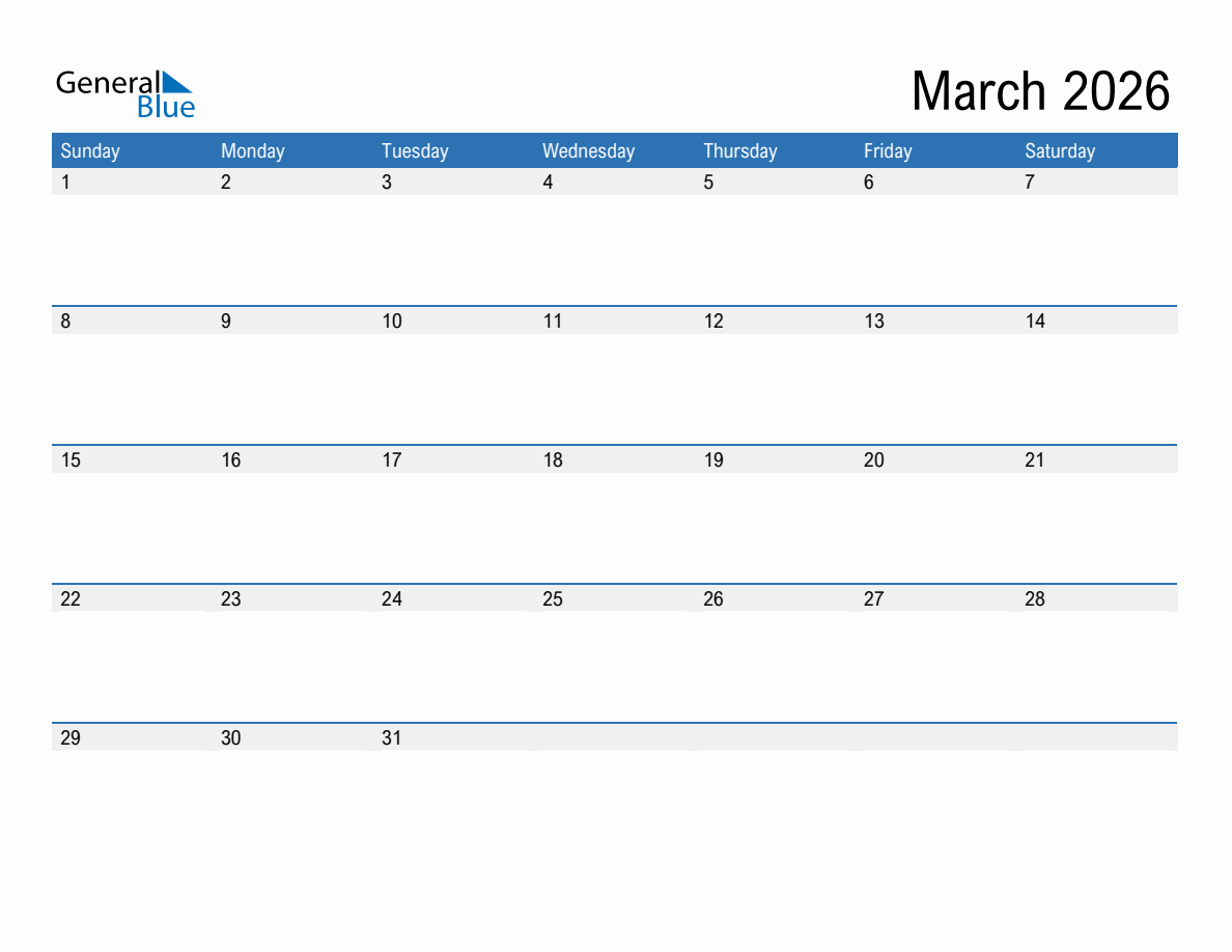 March 2026 Monthly Calendar PDF Word Excel 
