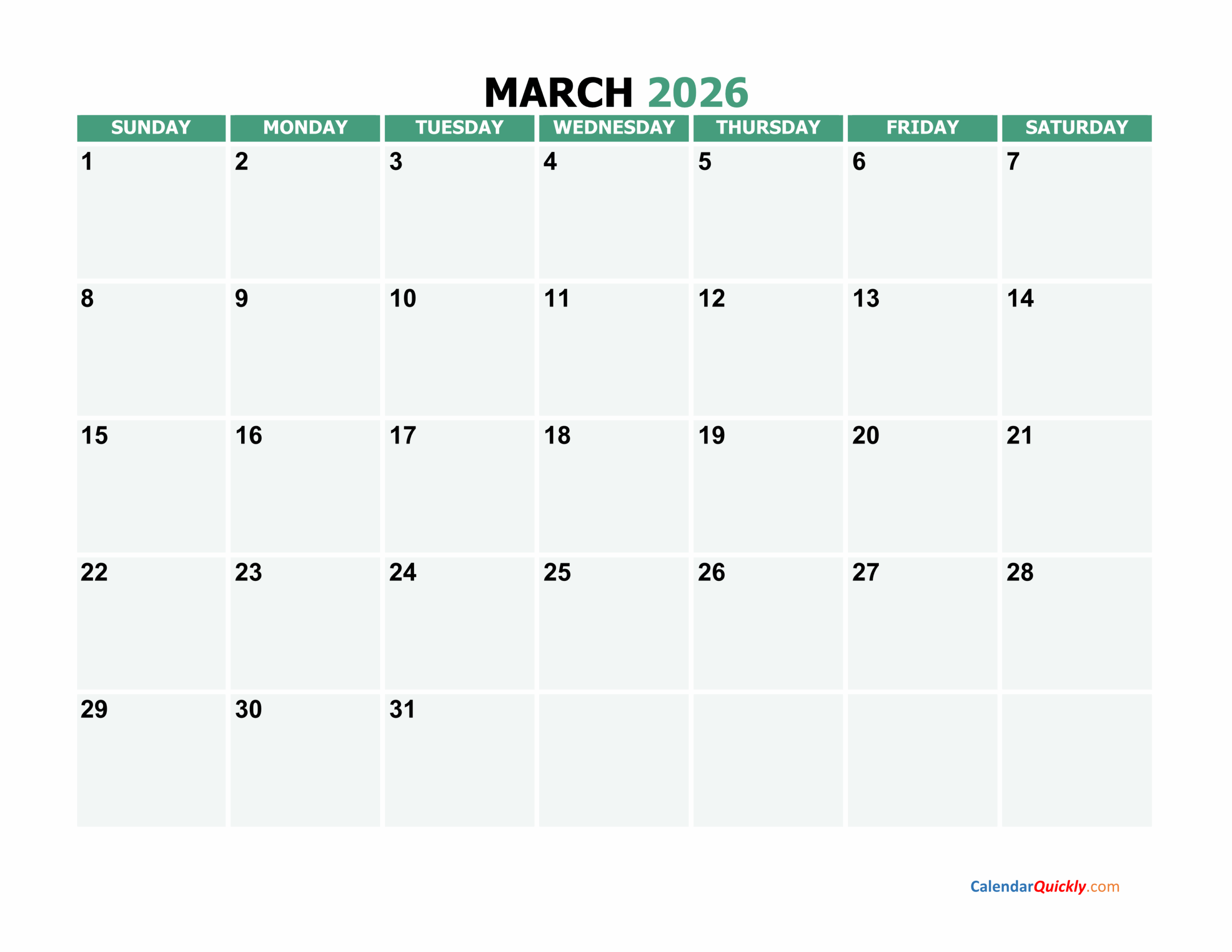 March Printable Calendar 2026