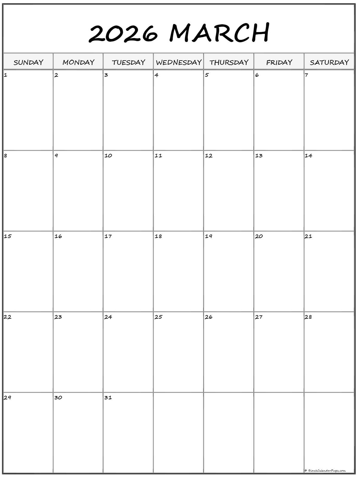 March 2026 Vertical Calendar Portrait