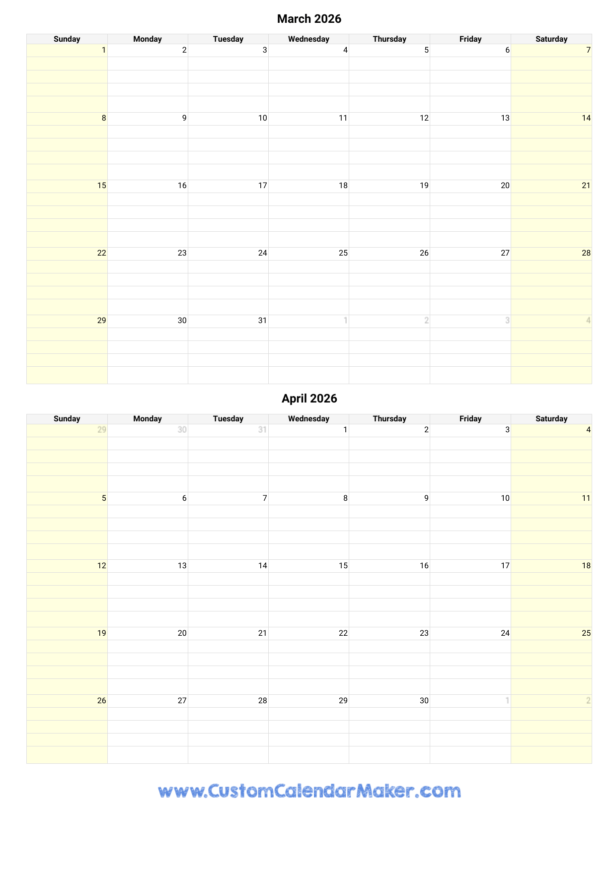 March And April 2026 Calendar Custom Calendar Maker March And April 2026 Calendar Custom Calendar Maker