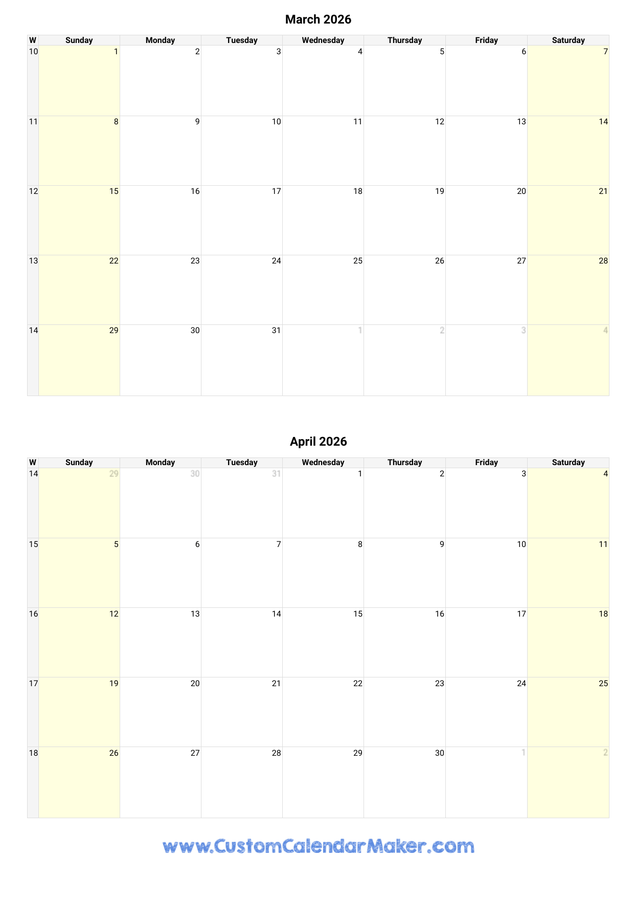 March And April 2026 Calendar Custom Calendar Maker