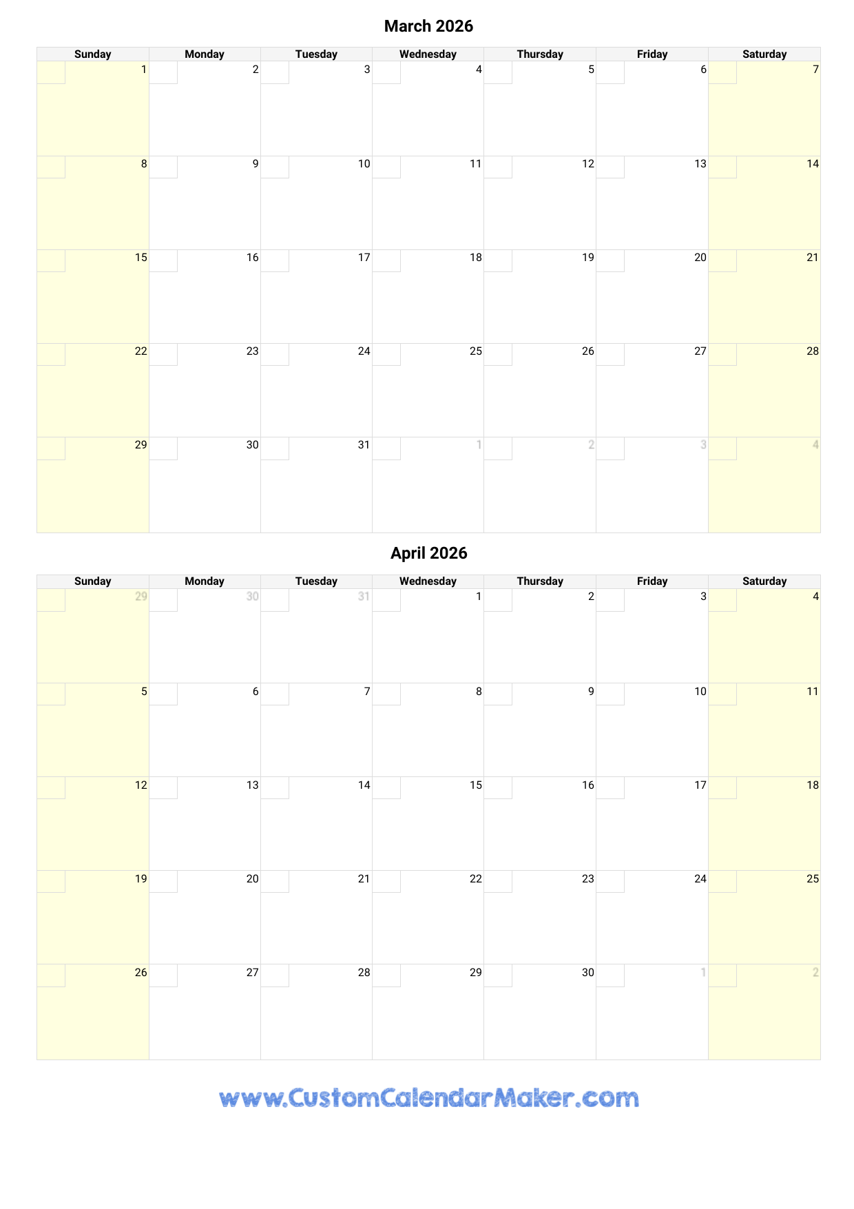 March And April 2026 Calendar Custom Calendar Maker