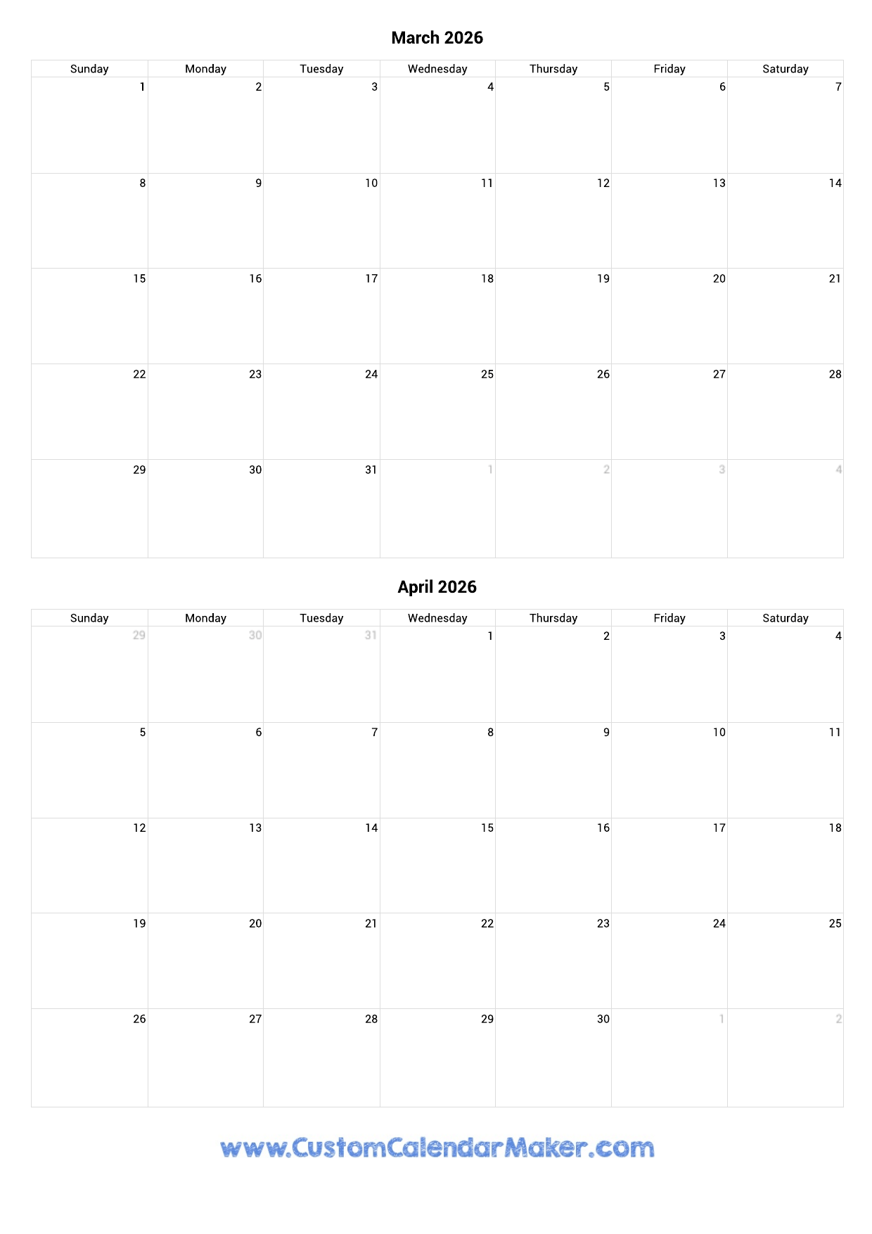 March And April 2026 Calendar Custom Calendar Maker March And April 2026 Calendar Custom Calendar Maker