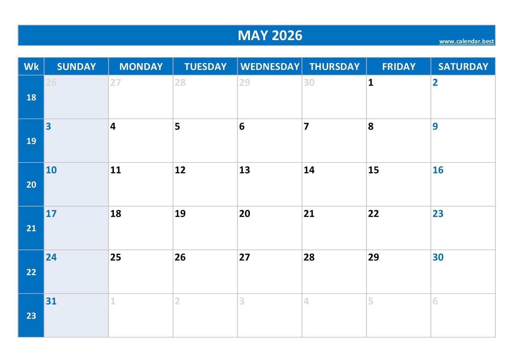 Blank Calendar For May 2026 Calendar